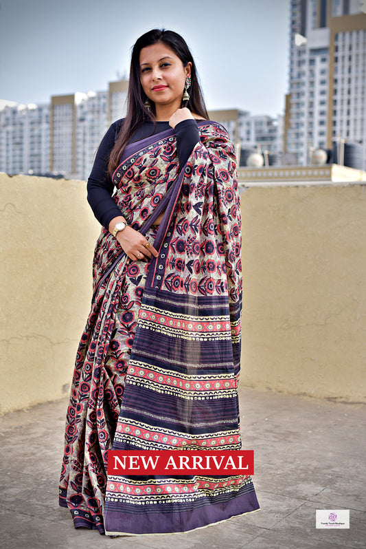 charcoal brown black organic handblock print mul cotton saree ajrakh vanaspati natural dye floral print best summer fabric office and daily wear saree 