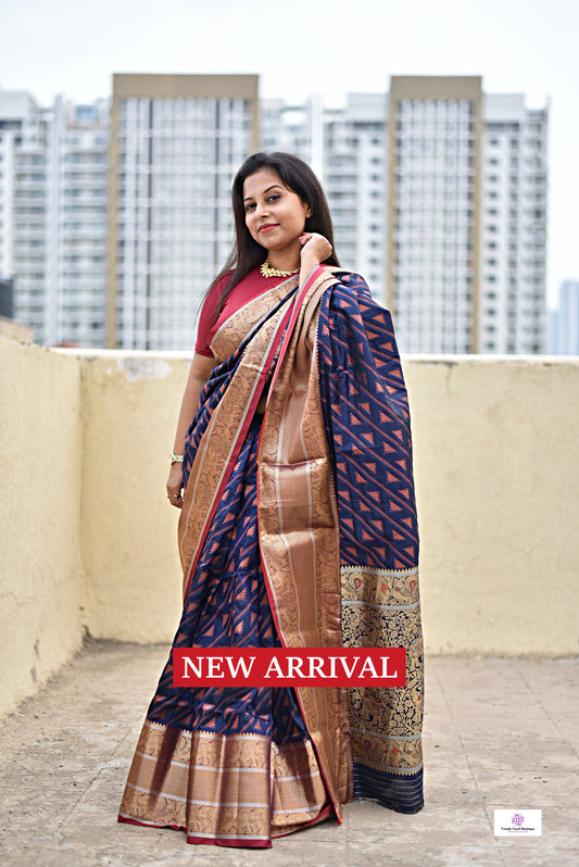 kanjivaram saree blue copper zari work bridal & wedding functions best price lightweight silk saree with blouse piece
