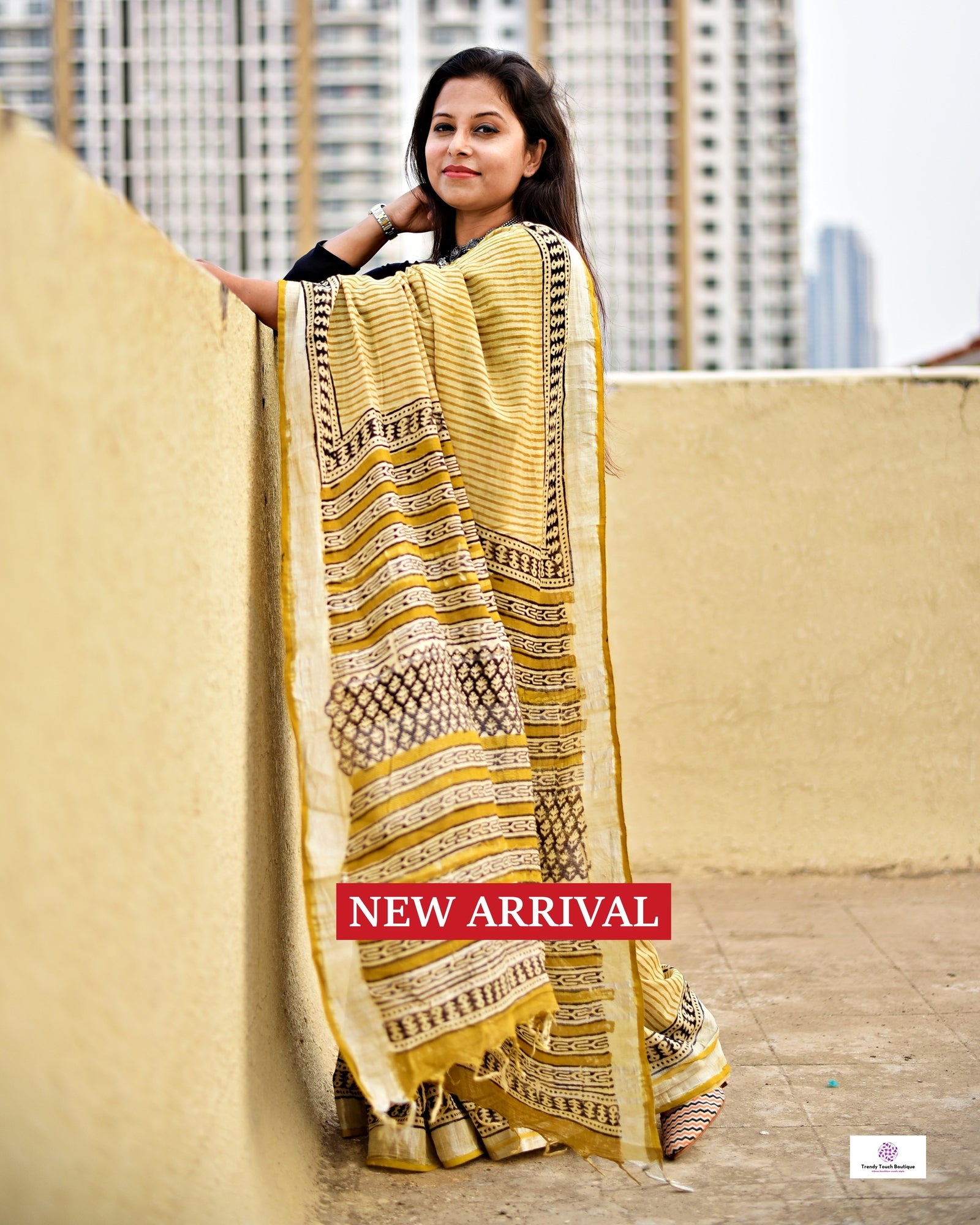 yellow black stripe handblockprint natural dye linen cotton saree best summer fabric best price with blouse piece