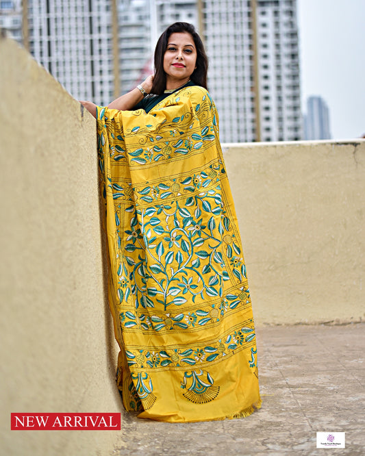 TANISHKA - KANTHA HAND EMBROIDERED - BLENDED BANGALORE SILK (YELLOW)