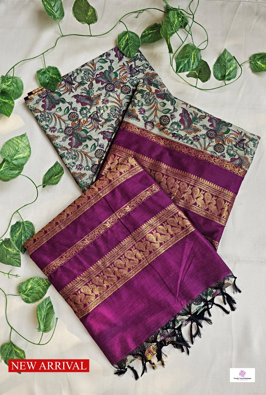 kalyani cotton gadwal kalamkari print grey magenta saree lightweight for office and special function with blouse piece best price