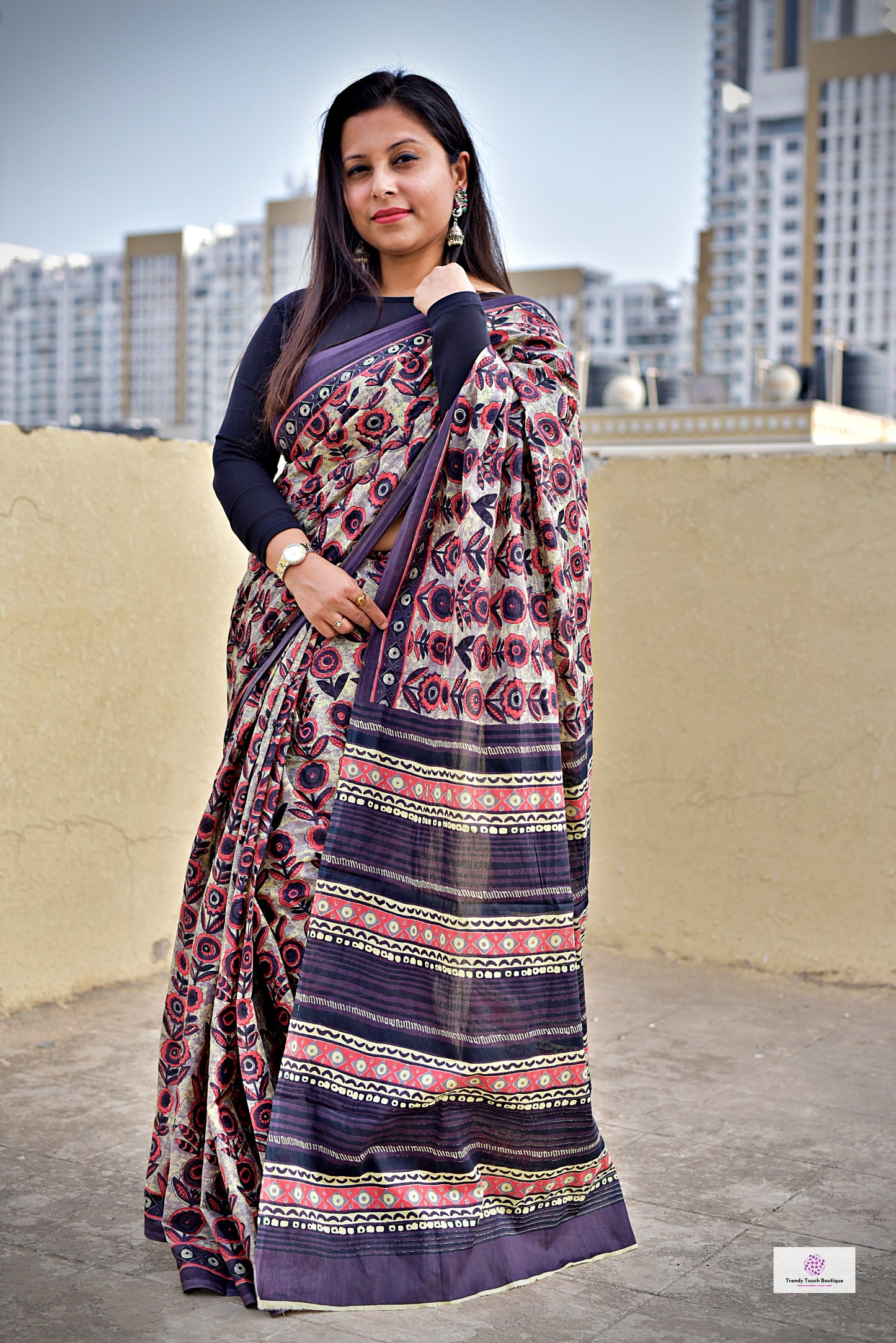 charcoal brown black organic handblock print mul cotton saree ajrakh vanaspati natural dye floral print best summer fabric office and daily wear saree 