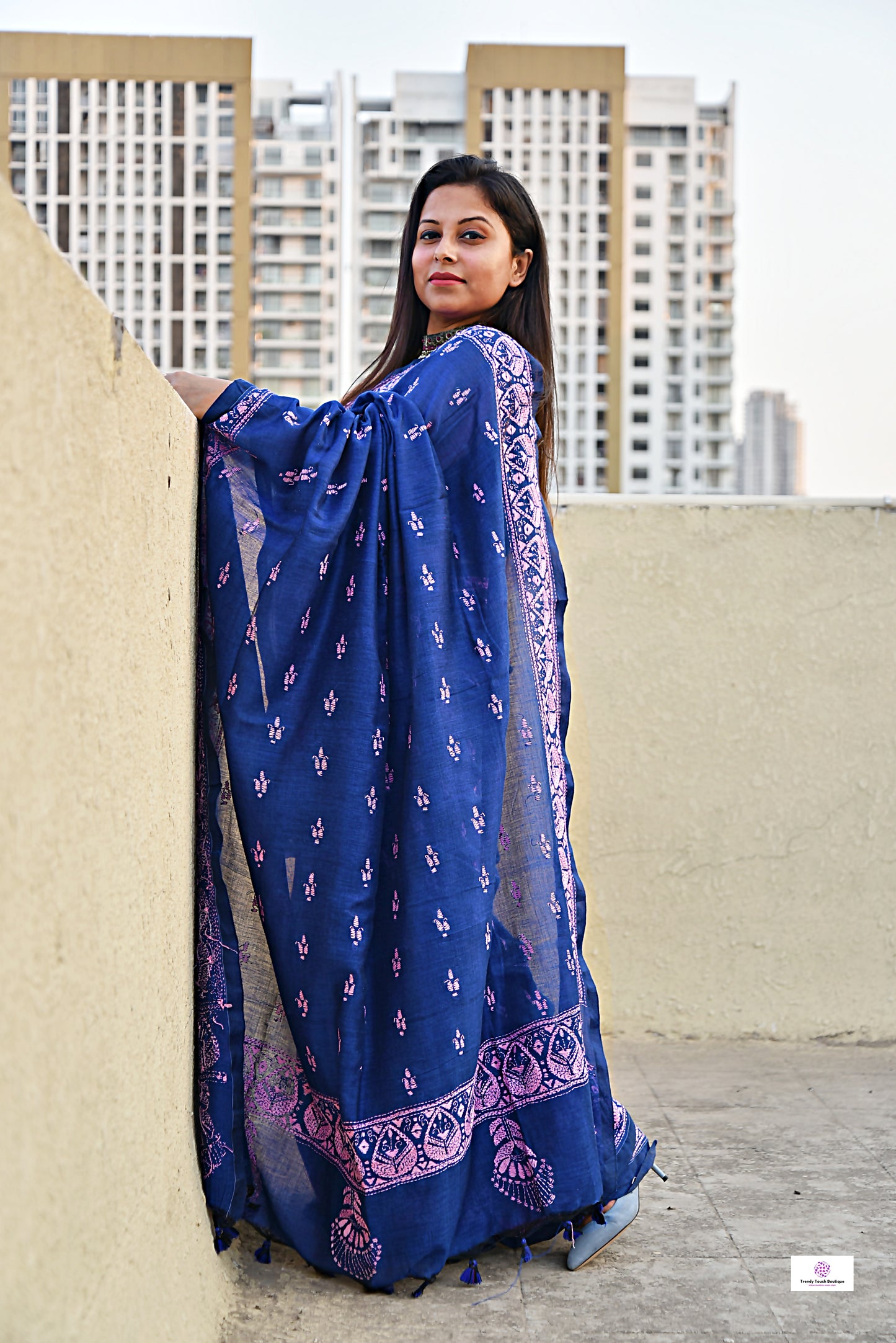 kantha handembroidered designer mulcotton saree blue pink office corporate events and family functions and ceremonies best summer fabric best price