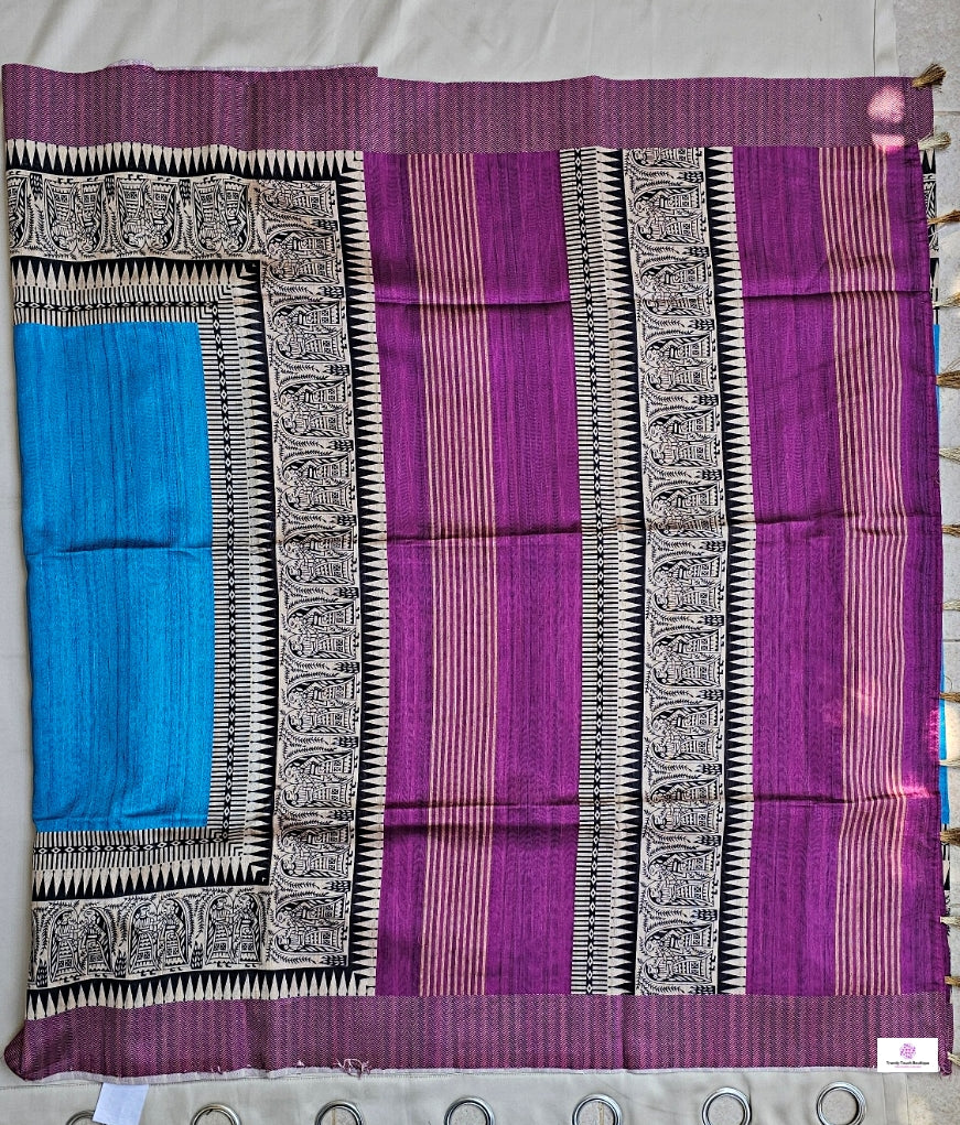 NEELI - MADHUBANI & BISHNUPURI PRINT - SEMI TUSSAR SILK SAREE (BLUE & PURPLE)