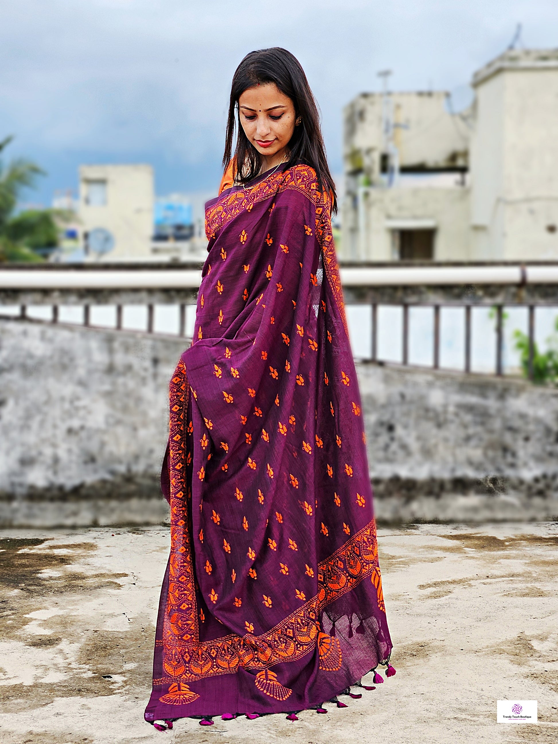 kantha handembroidered designer mulcotton sareeMmagenta purple orange office corporate events and family functions and ceremonies best summer fabric best price marriage wedding ceremonies functions saree