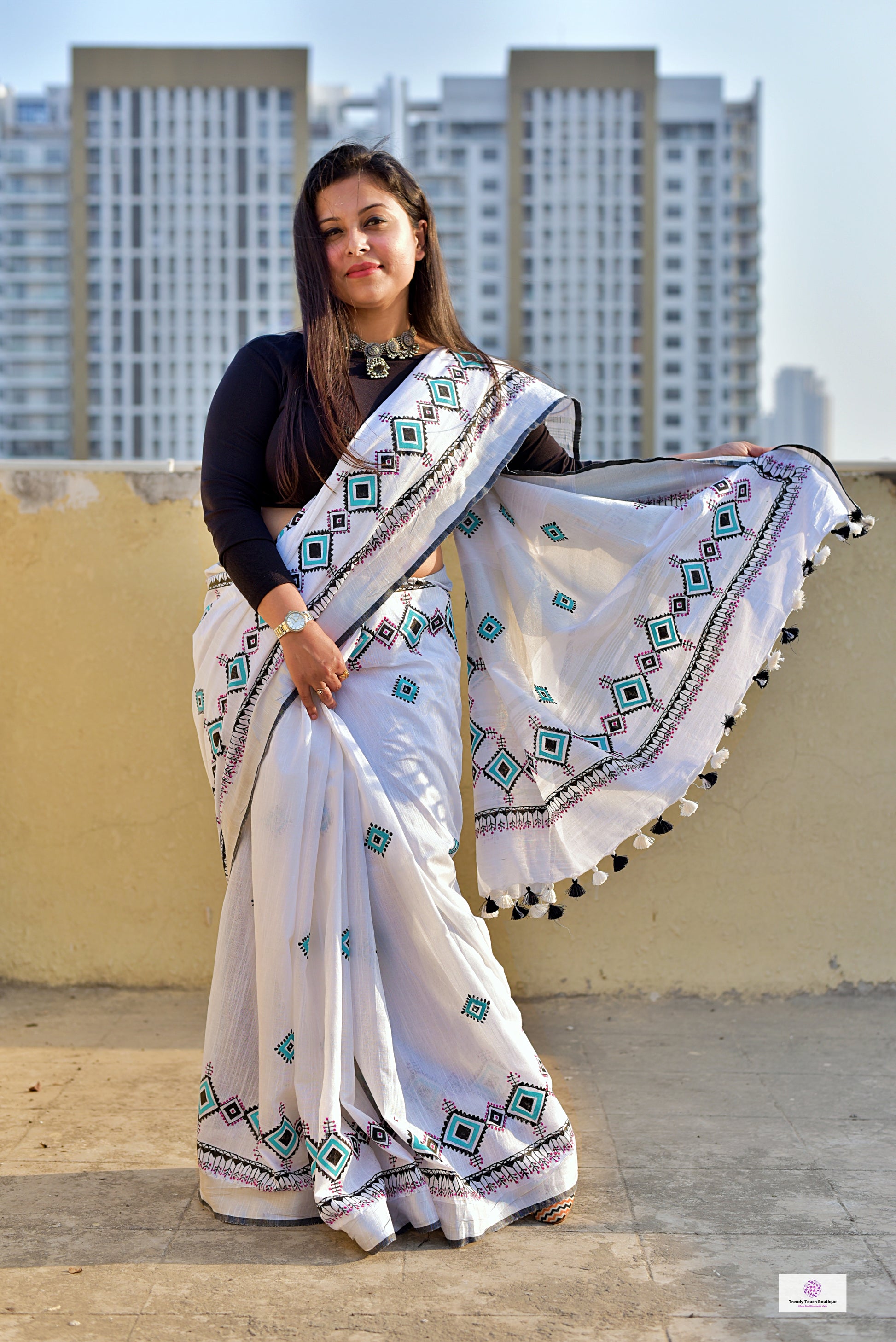 Handpainted designer soft linen saree in white black blue for special celebration and wedding parties in summer and all year round best price 