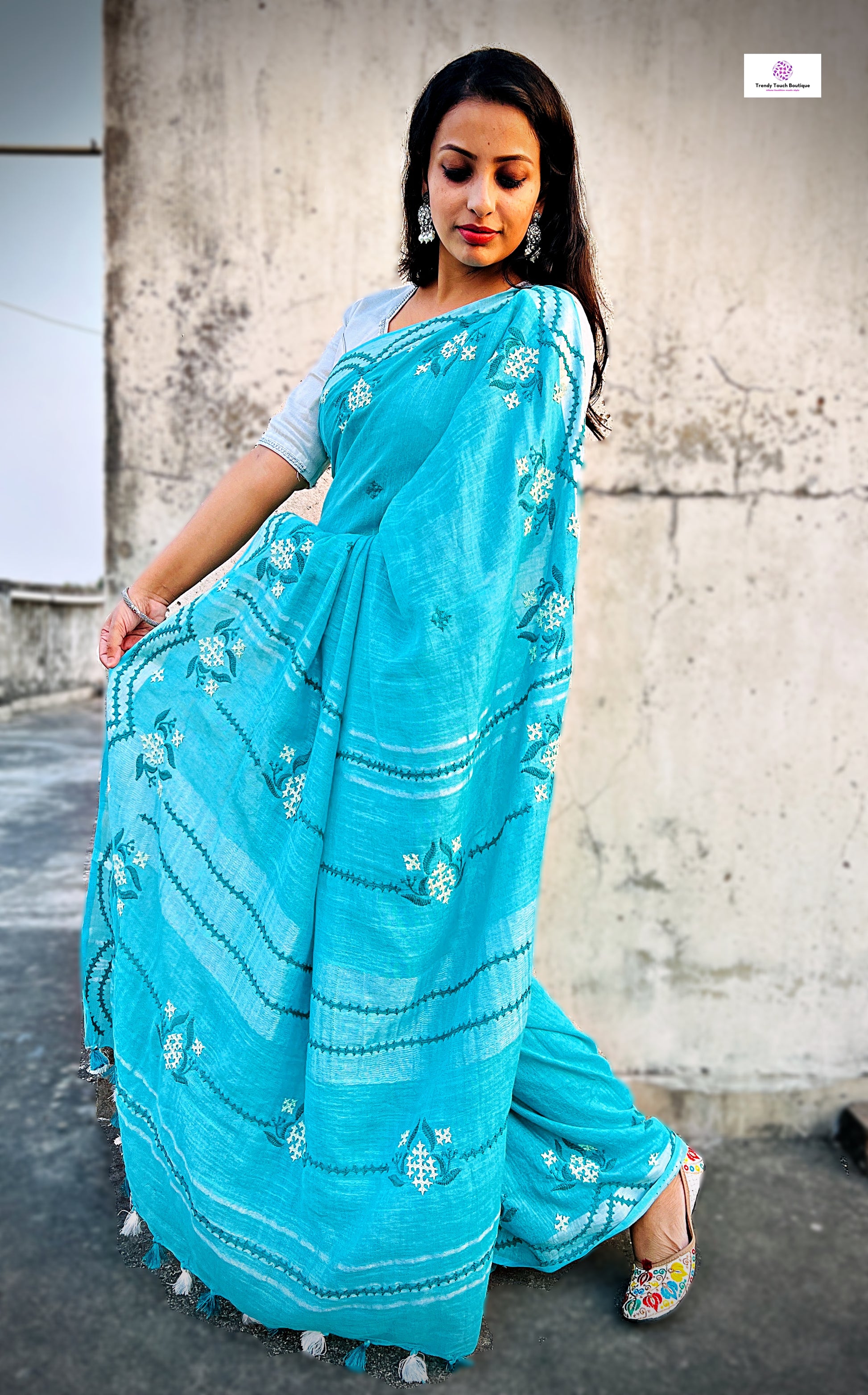 kutch handembroidered linen saree designer office wear and special events in summer
