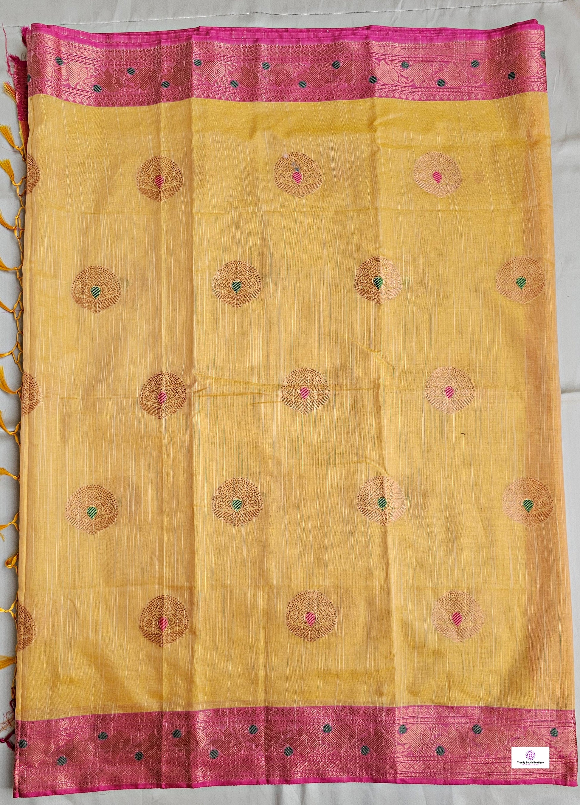 Muga cotton banarasi soft and lightweight puja and special ocassion casual wear saree yellow and pink with blouse piece best price