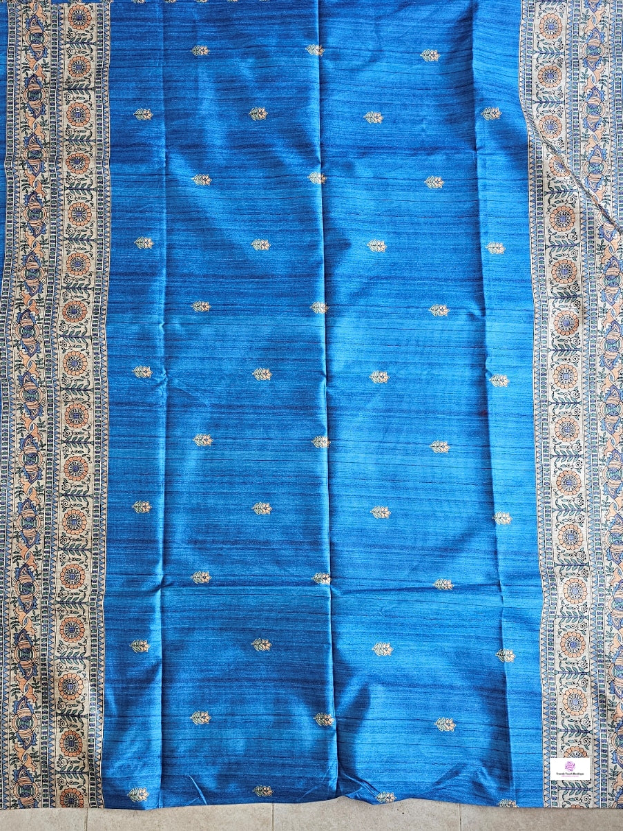 semi ghicha silk blue madhubani digital print saree for regular wear and casual function office for women with blouse piece and best price