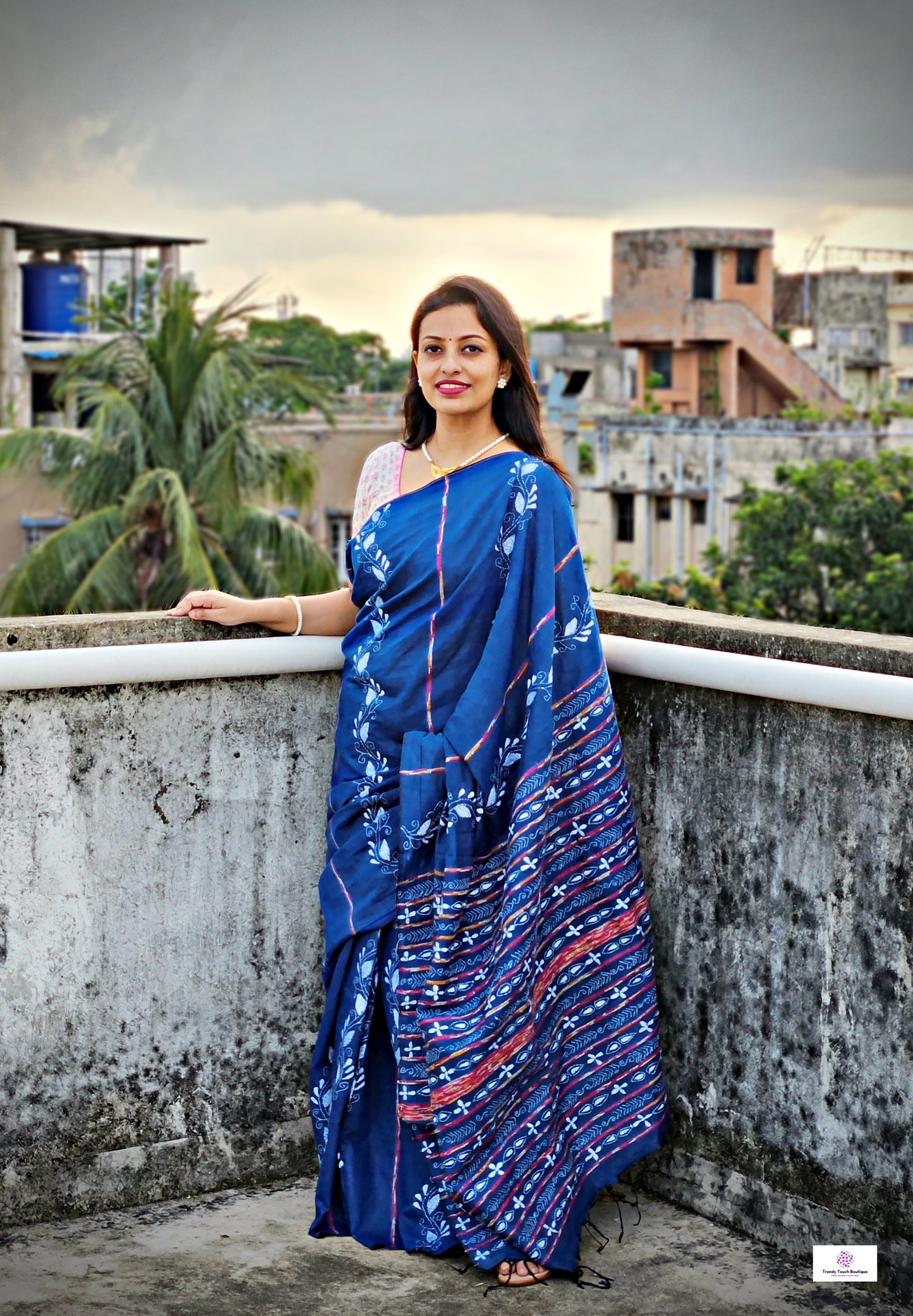 Kantha Handembroidered khesh khadi handloom cotton saree in blue and white color best summer fabric best price with blouse piece office wear and summer casual styling