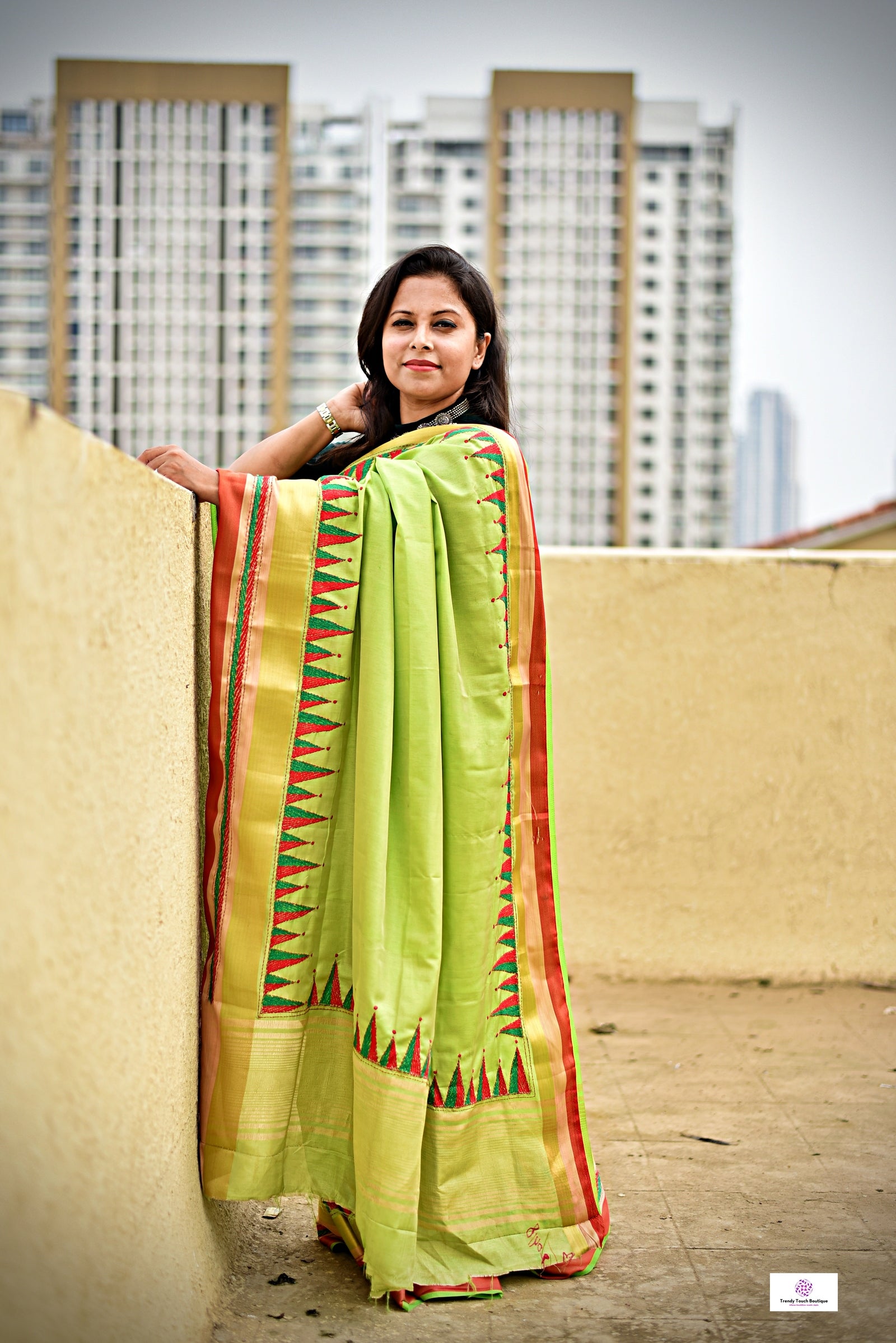 kantha handembroidered temple border on green red and golden bordered parrot green kataan silk saree best for summer wedding celebrations and speical functions with blouse piece best price