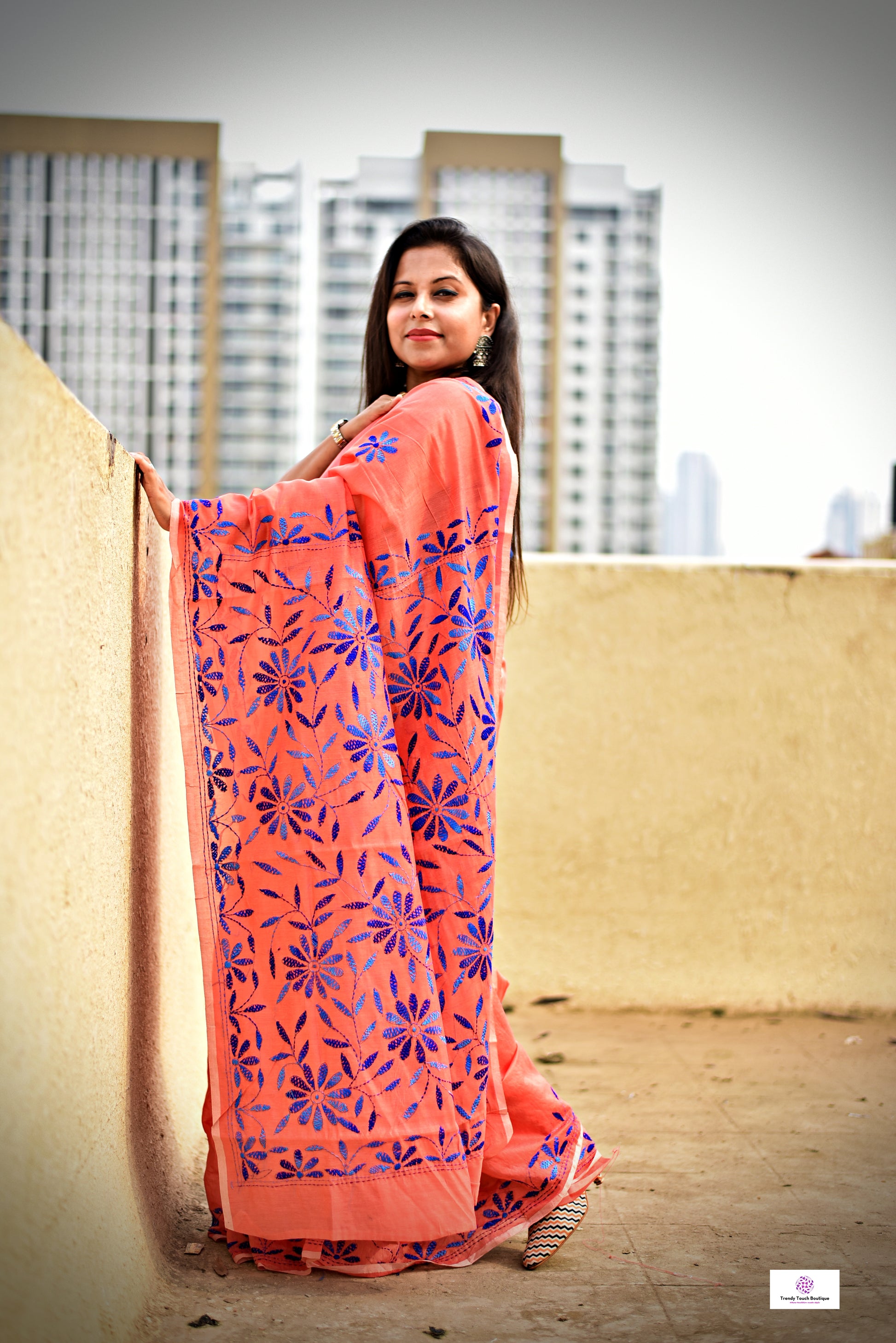 kantha handembroidered peach and blue cotton silk saree for office and summer celebration styling with blouse piece best price