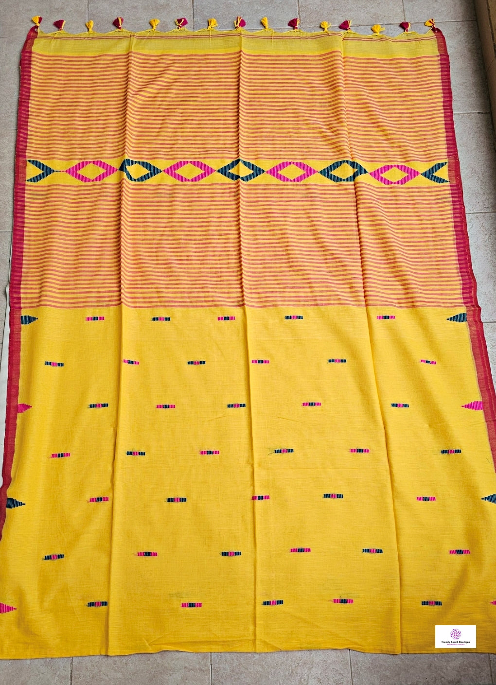 BASANT (PINK TASSELS) BENGAL COTTON HANDLOOM SAREE (YELLOW)