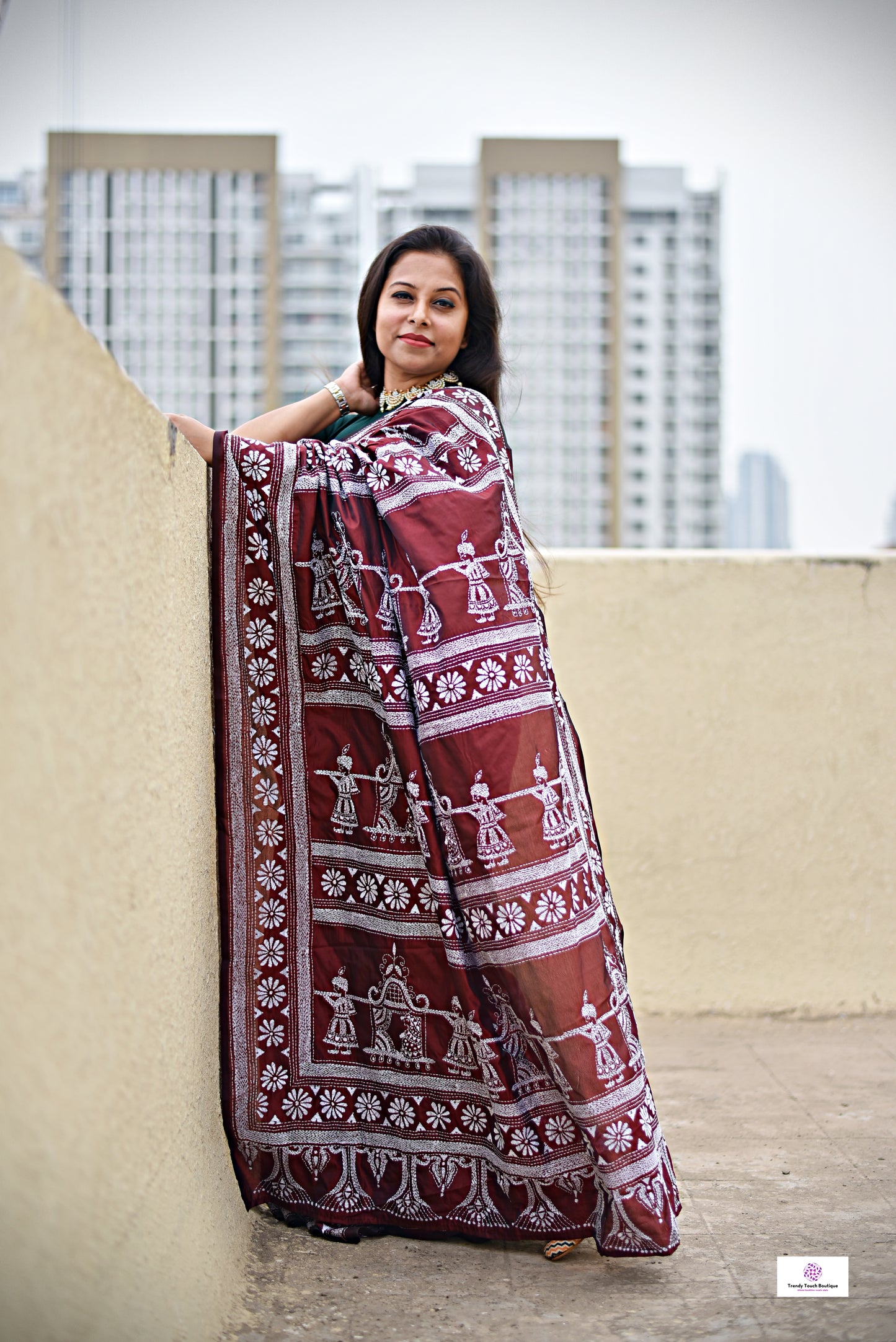 kantha handembroidered designer bangalore art silk chocolate brown with white thread palki motif marriage and wedding function special lightweight saree best fabric best price with blouse piece