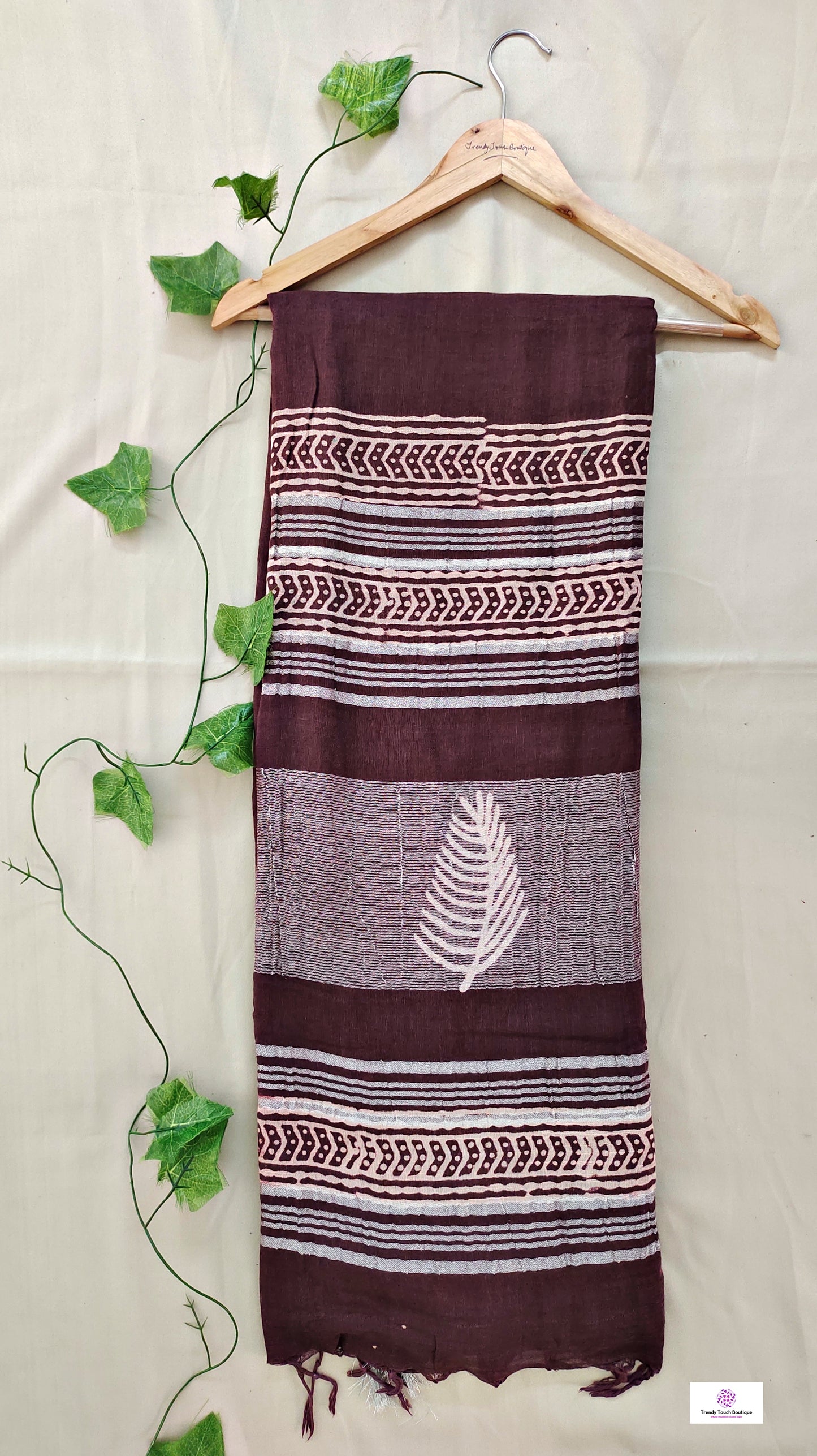  best summer handwoven handloom fabric handblock print organic slub linen saree brown color floral pattern at best price online with blouse piece for office wear or everyday styling!