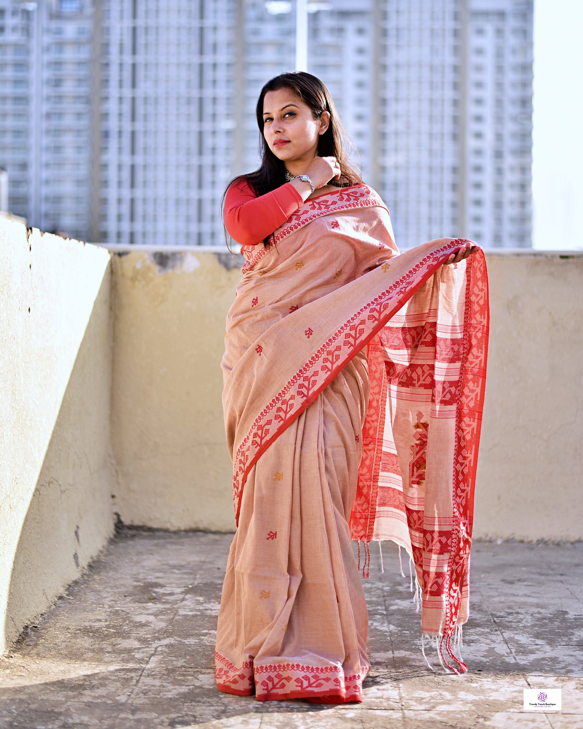 phulia pure Bengal cotton handloom saree  lightweight regular wear, office wear, puja and temple visits, casual ocassions, with blouse piece best price brown red and yellow