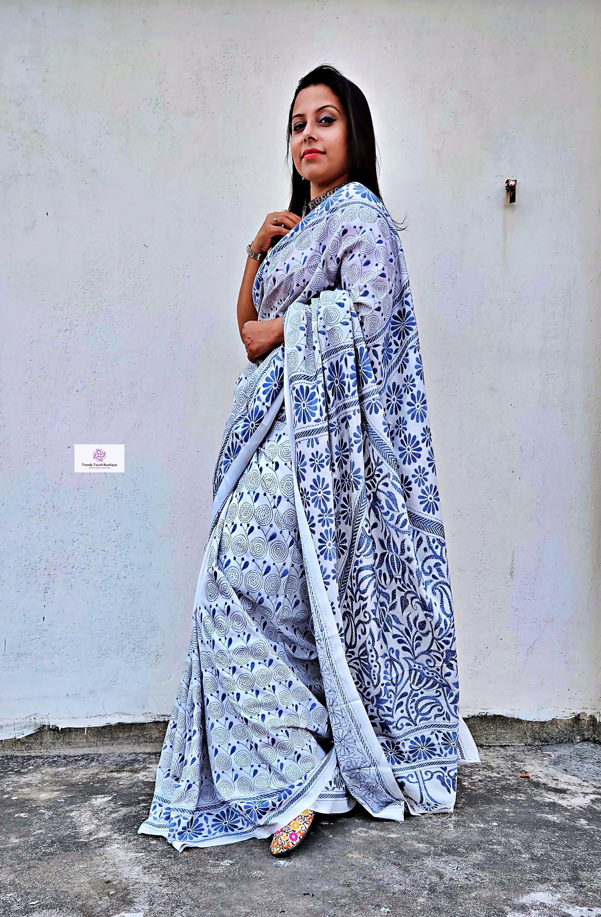 White Kantha Embroidered Silk Saree