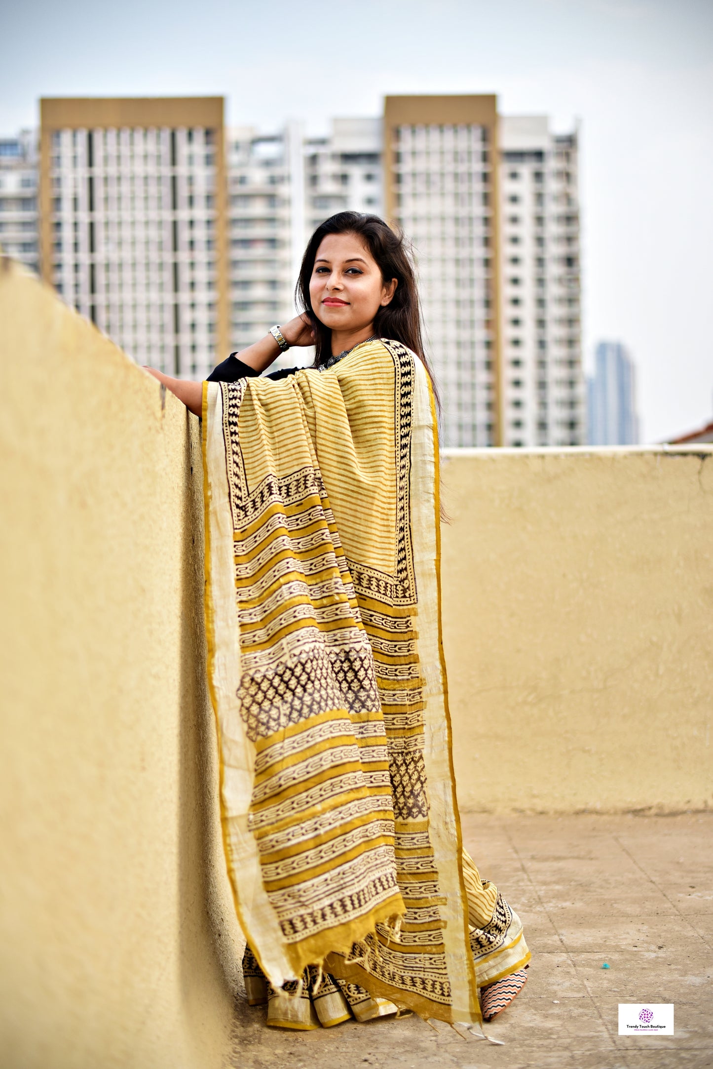 yellow black stripe handblockprint natural dye linen cotton saree best summer fabric best price with blouse piece