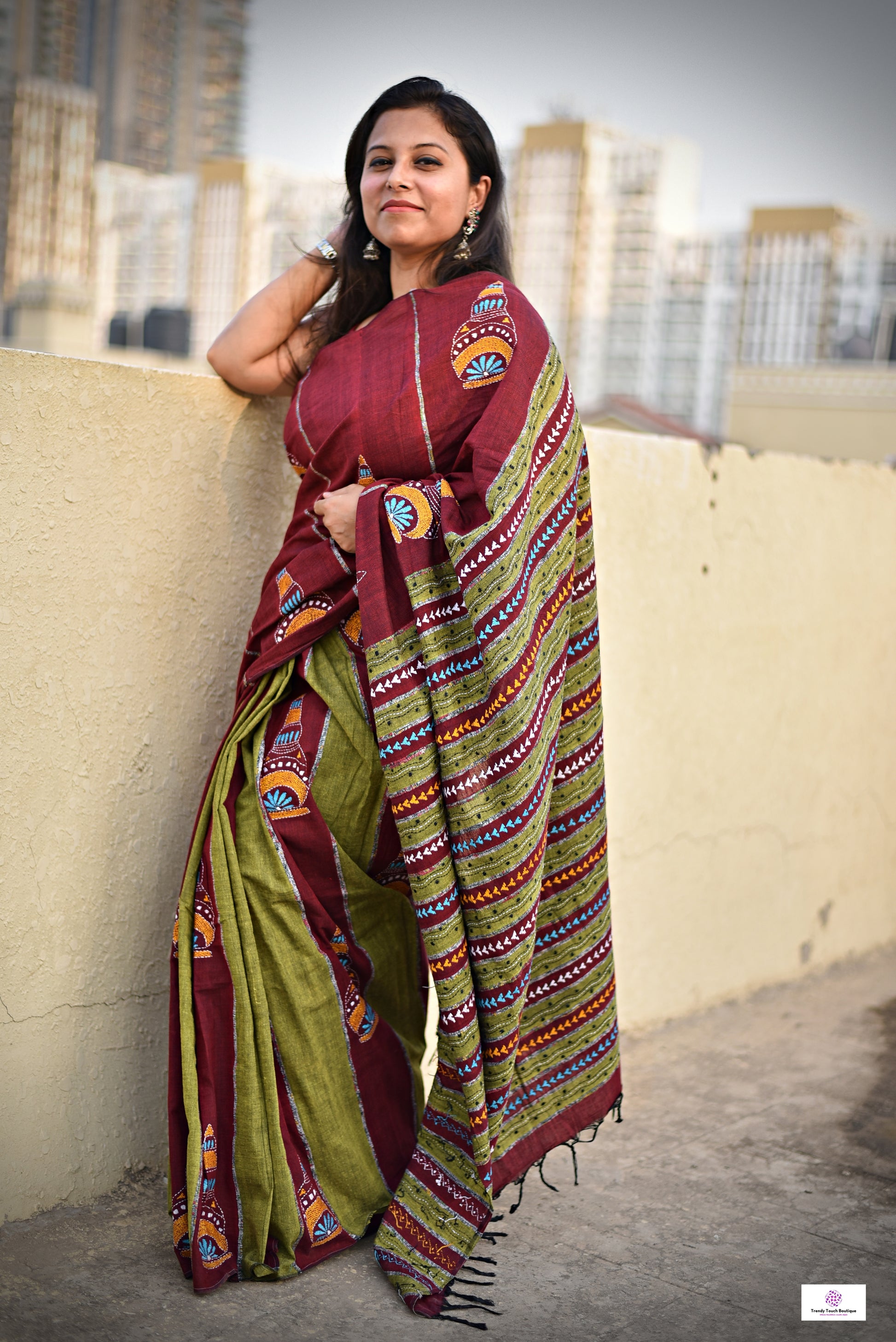 kantha handembroidered khesh khadi cotton saree best summer fabric maroon green saree office and wedding casual best price online