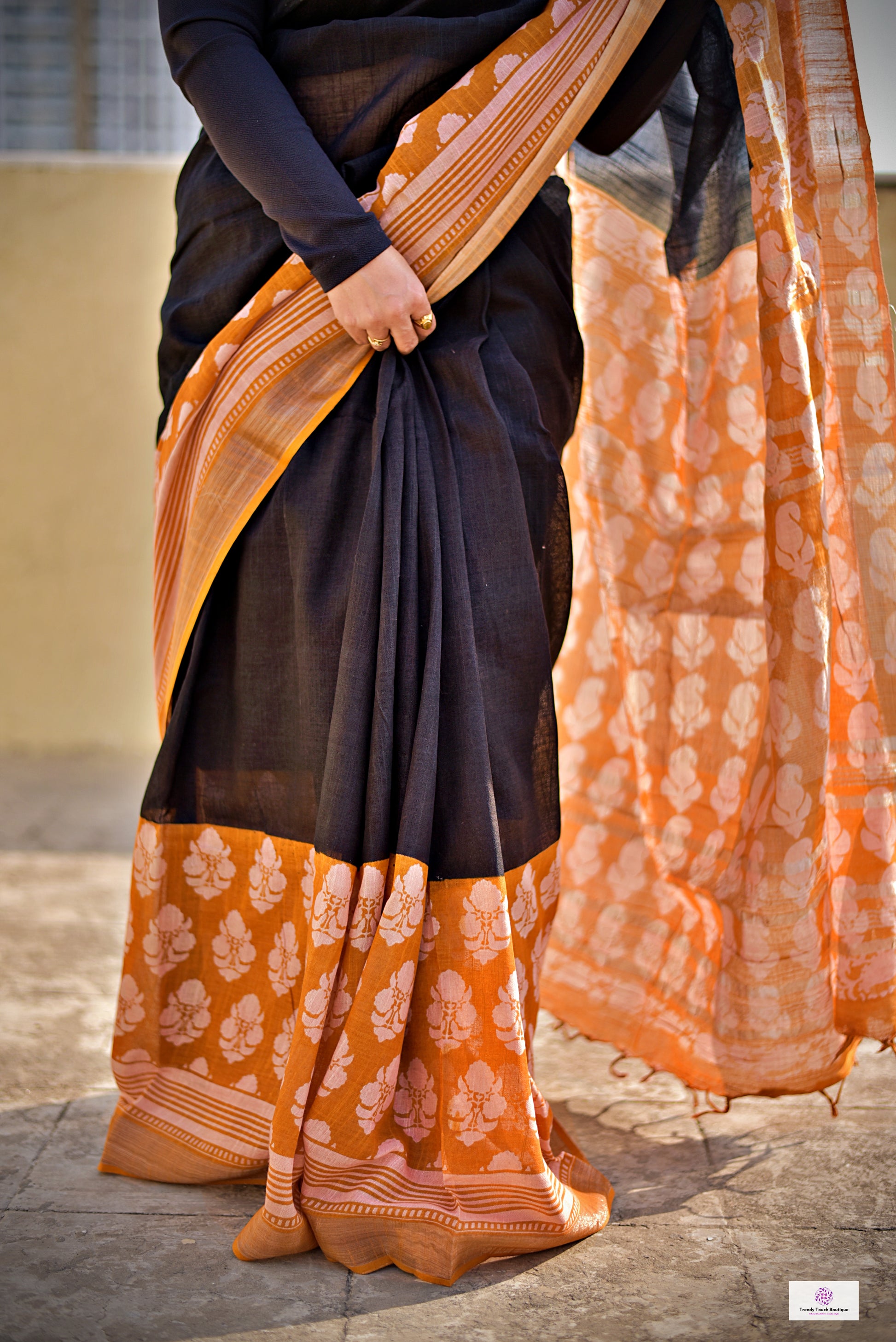 Orange Black Handblock print linen saree organic dye best summer fabric best price casual and formal saree 