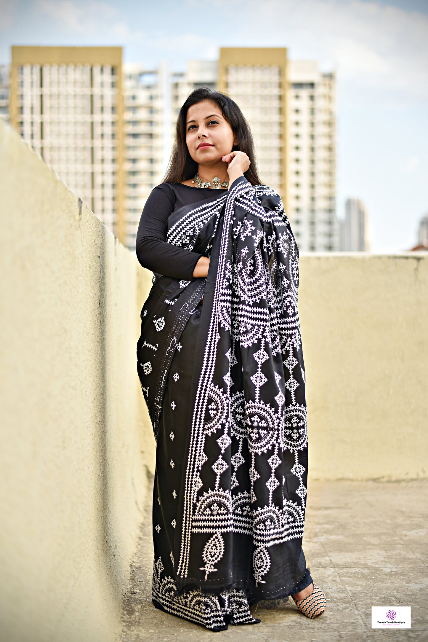 black white kutch handembroidered designer blended bangalore silk saree for wedding and special occasion office events with blouse piece and best price