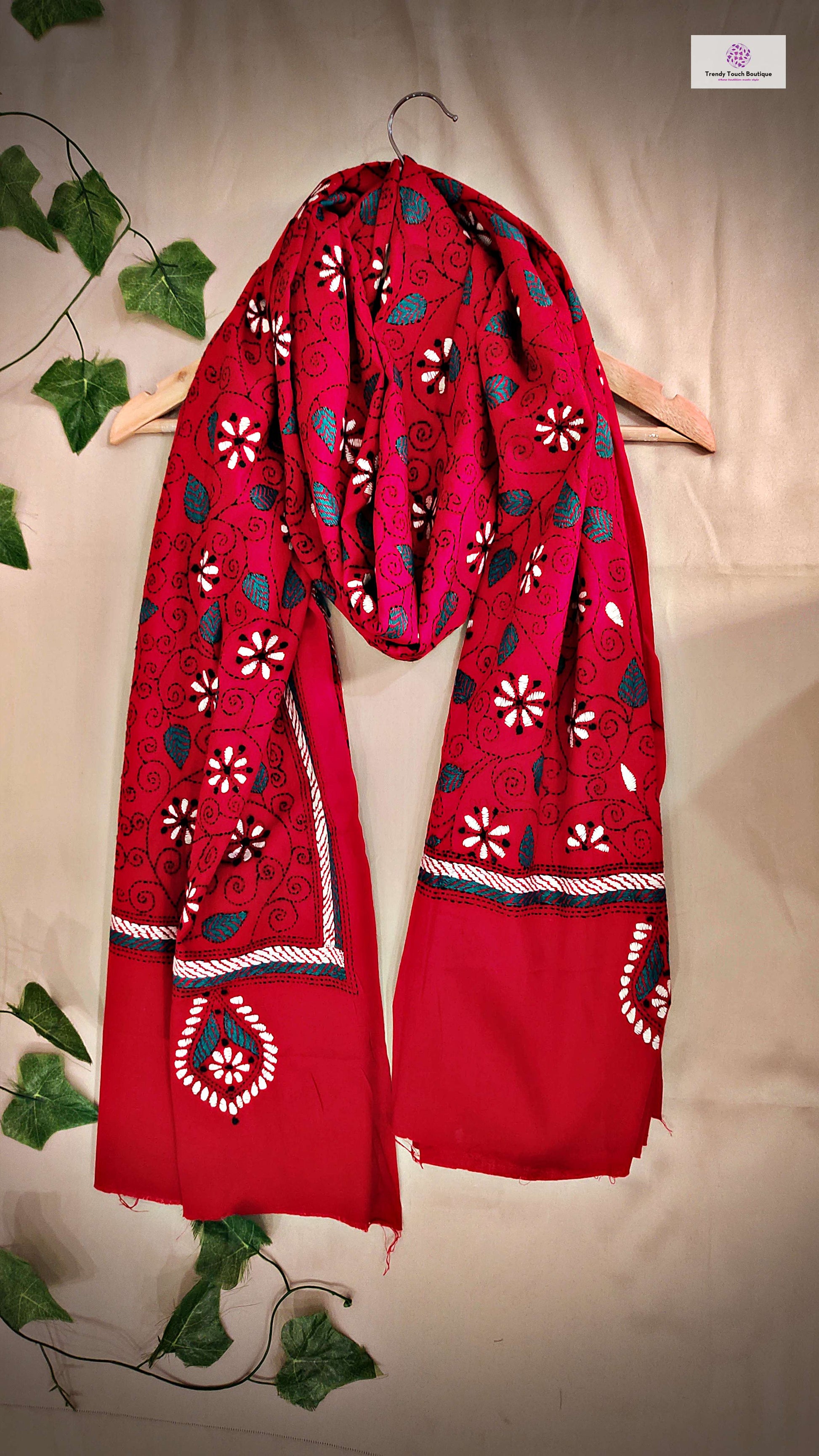 kantha handembroidered pure cotton designer statement dupatta for kurti styling in summer Holi sale best price red floral handcrafted