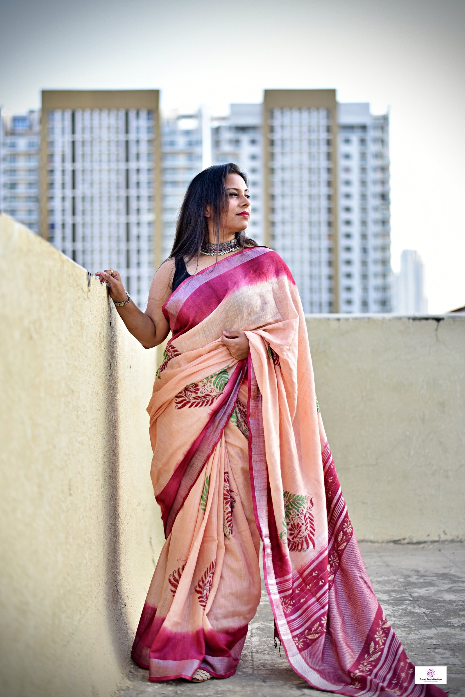 kantha handembroidery on a tie and dye maroon and chandan color linen with green and maroon thread. Best for office and casual styling with blouse piece and best price.