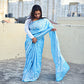 kutch or gujarati stitch sky blue designer blended bangalore silk saree with white threadwork for wedding, marriage, special celebration or anniversary with blouse piece in best price