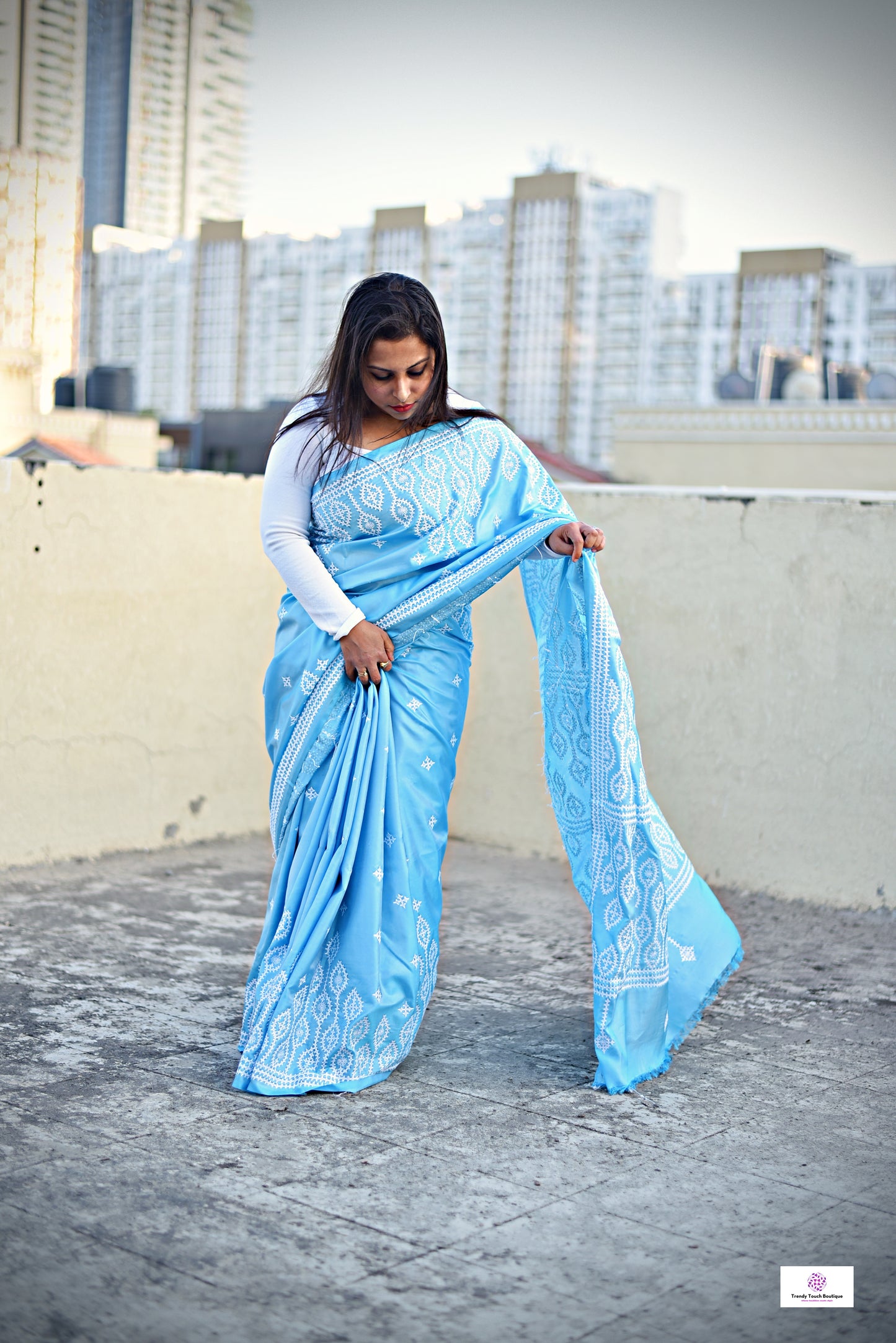 kutch or gujarati stitch sky blue designer blended bangalore silk saree with white threadwork for wedding, marriage, special celebration or anniversary with blouse piece in best price