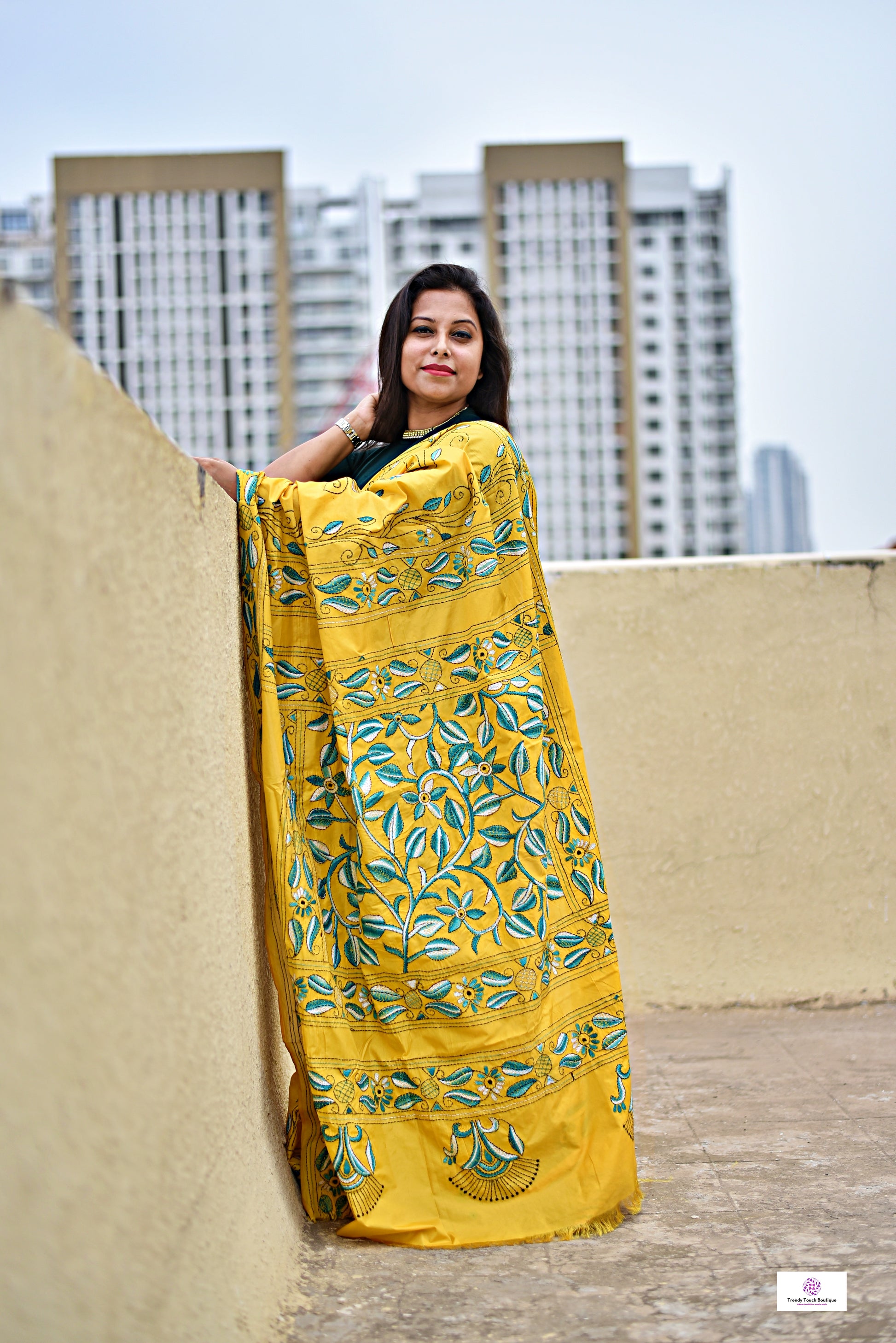 yellow hand emnbroidered designer bangalore art silk with green thread work lightweight wedding function saree events with blouse piece and best price