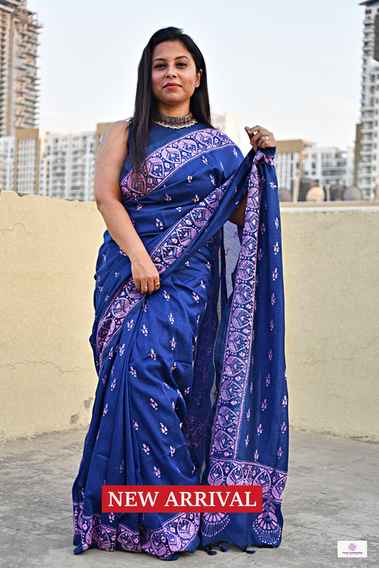 kantha handembroidered designer mulcotton saree blue pink office corporate events and family functions and ceremonies best summer fabric best price