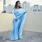 kutch or gujarati stitch sky blue designer blended bangalore silk saree with white threadwork for wedding, marriage, special celebration or anniversary with blouse piece in best price