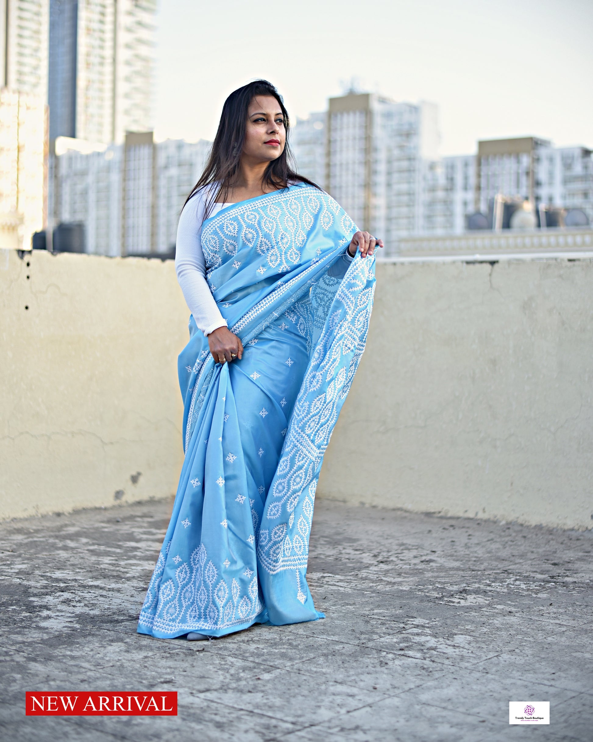 kutch or gujarati stitch sky blue designer blended bangalore silk saree with white threadwork for wedding, marriage, special celebration or anniversary with blouse piece in best price