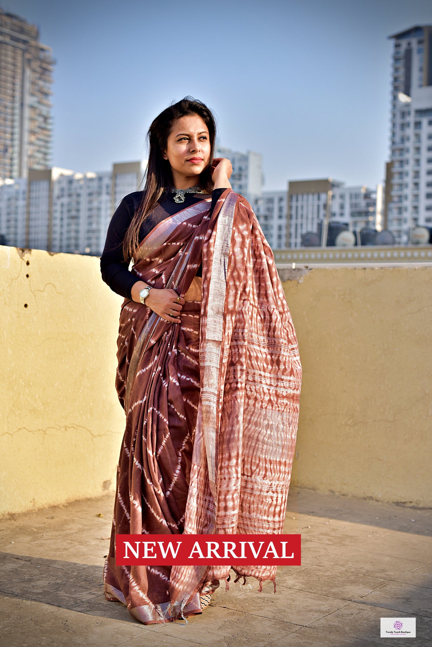 Chocolate Brown Organic Linen Saree Handblock print in natural dye green soft best summer saree for office and casual outing best price with blouse piece