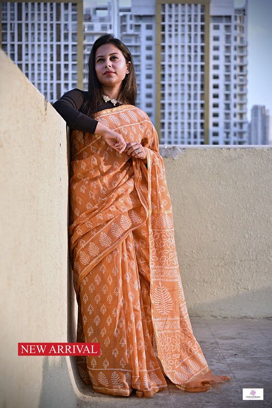 pastel orange handblock print small buti print natural dye chnaderi silk saree for every day casual wear or office styling in summer