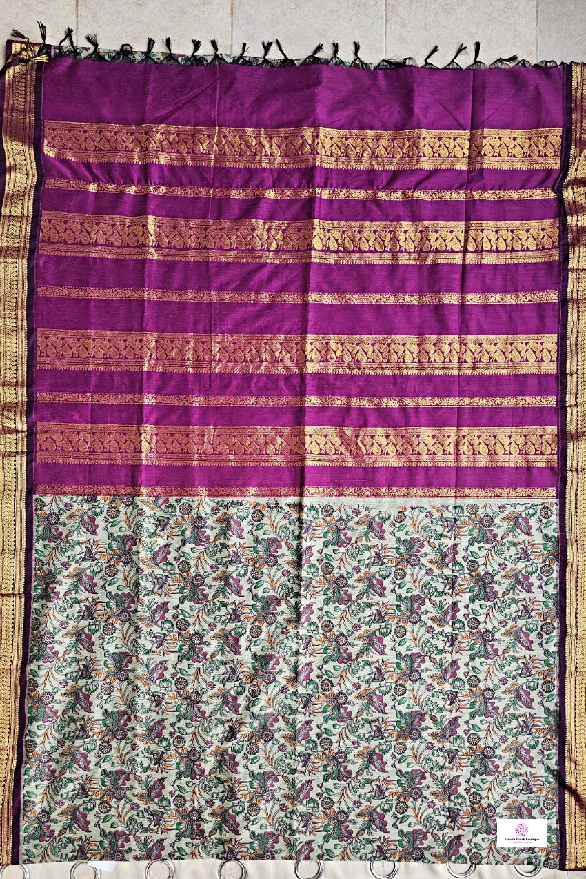 kalyani cotton gadwal kalamkari print pista green magenta saree with zari lata gadwal border is lightweight for office and special function with blouse piece best price