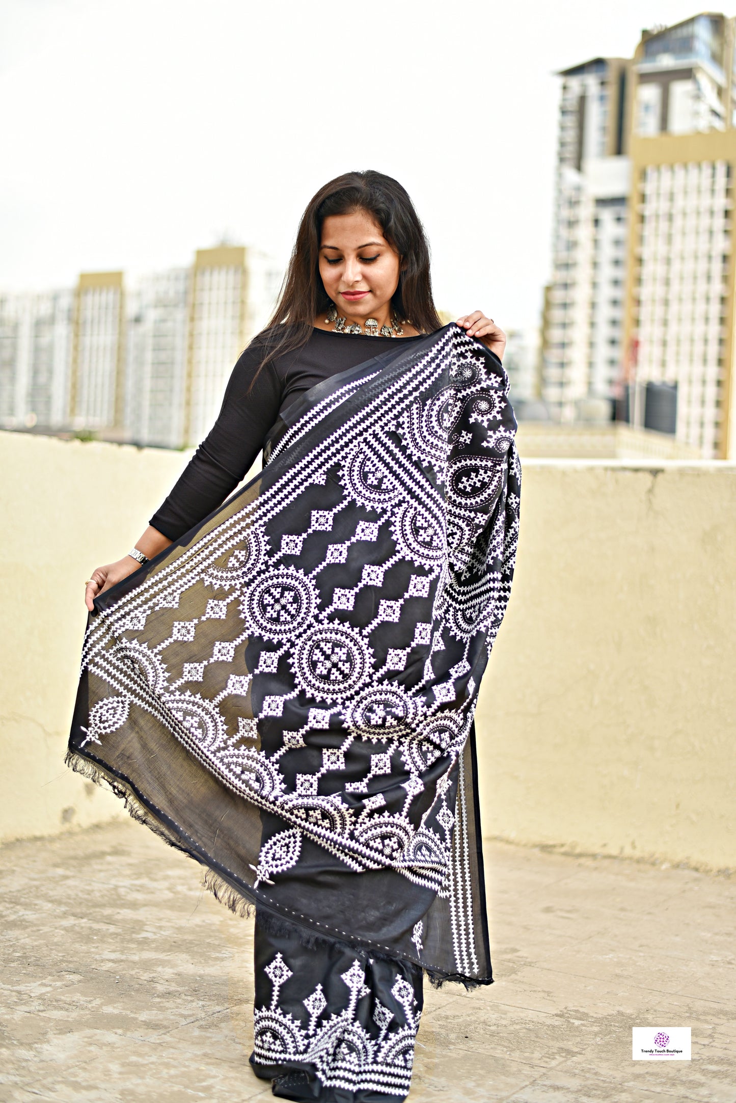 black white kutch handembroidered designer blended bangalore silk saree for wedding and special occasion office events with blouse piece and best price