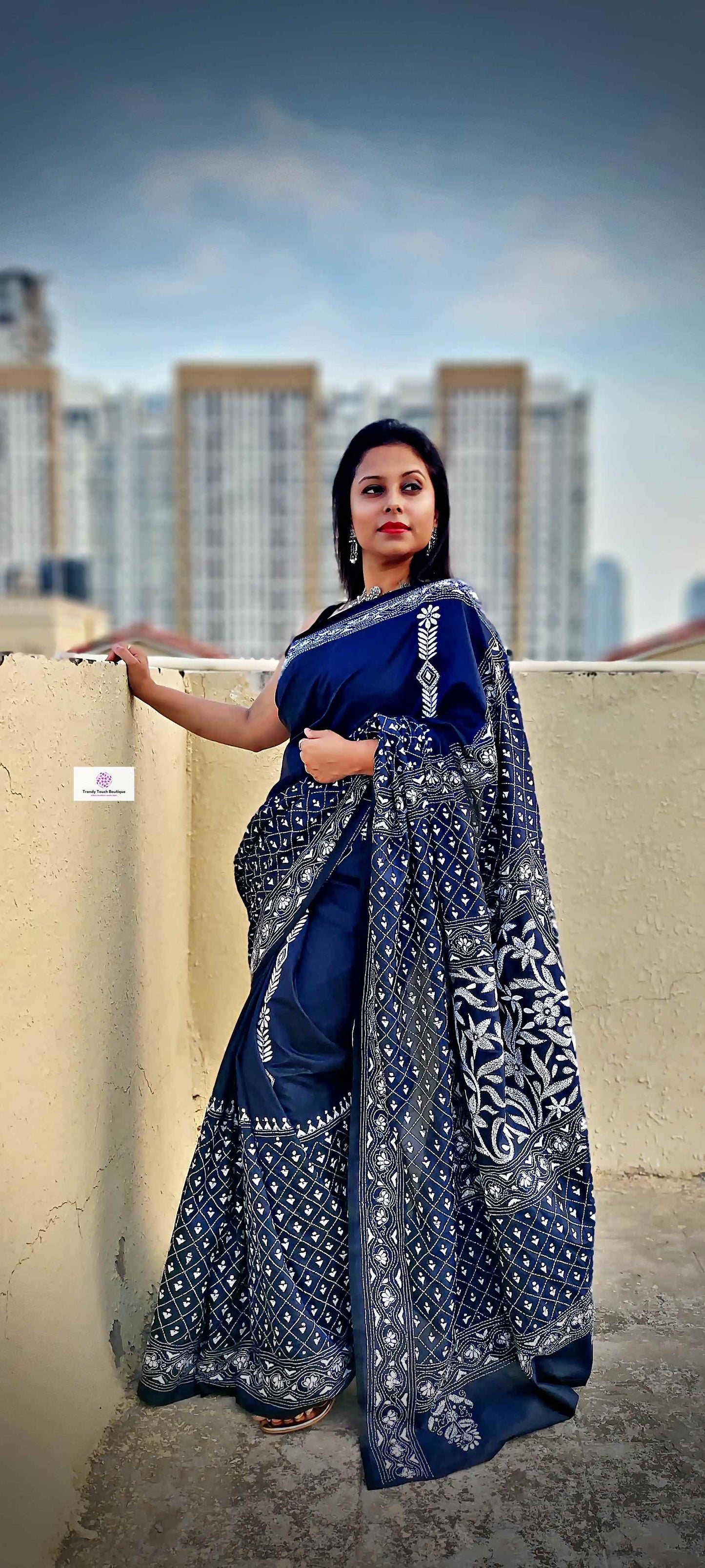 Kantha Stitch Work hand embroidered Midnight Blue Designer Soft Blended Bangalore Silk Saree best price new design festive fashion wedding party wear marriage function special occasion with blouse piece