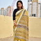 yellow black stripe handblockprint natural dye linen cotton saree best summer fabric best price with blouse piece