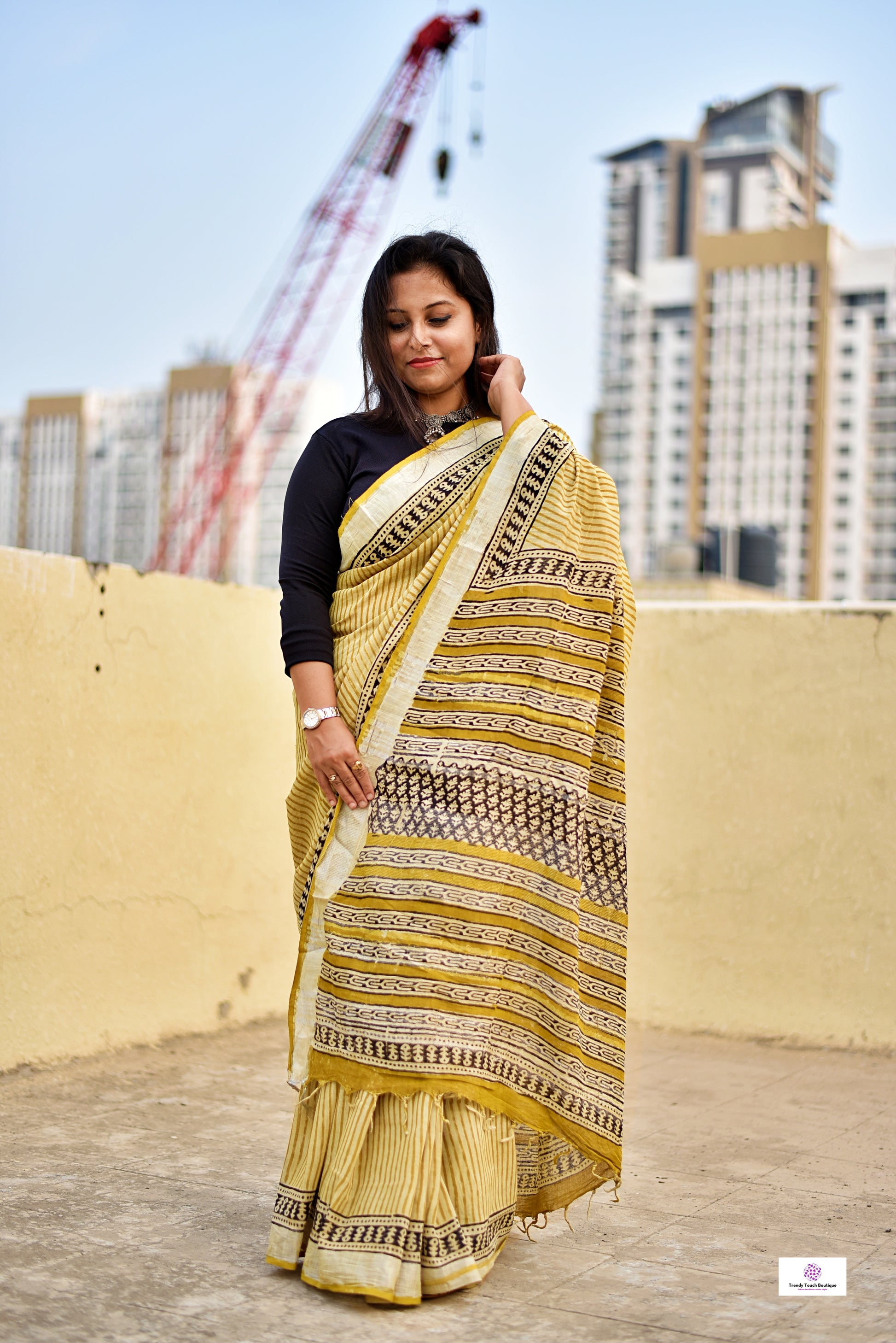 yellow black stripe handblockprint natural dye linen cotton saree best summer fabric best price with blouse piece