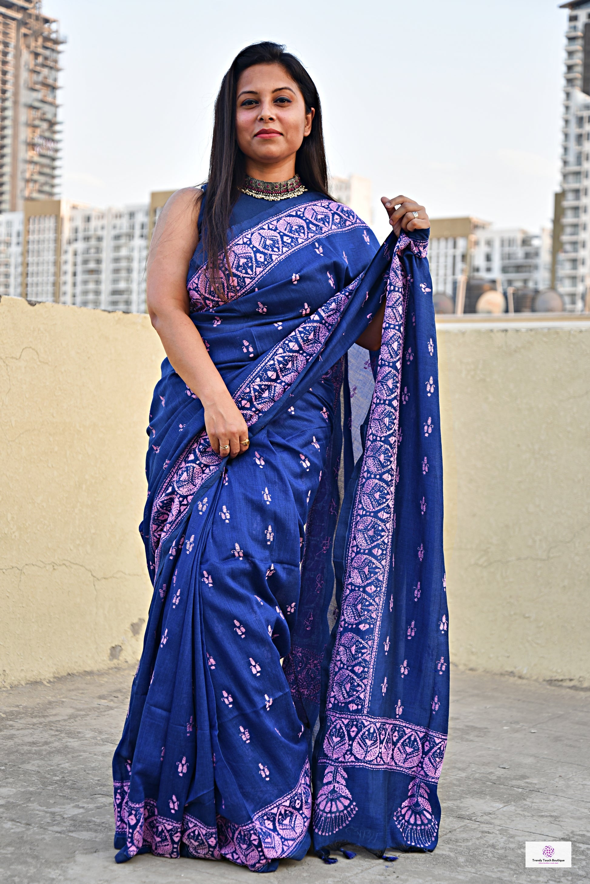 kantha handembroidered designer mulcotton saree blue pink office corporate events and family functions and ceremonies best summer fabric best price