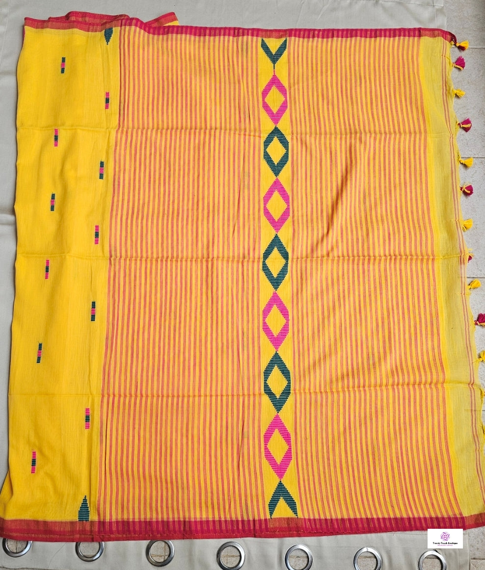 BASANT (PINK TASSELS) BENGAL COTTON HANDLOOM SAREE (YELLOW)