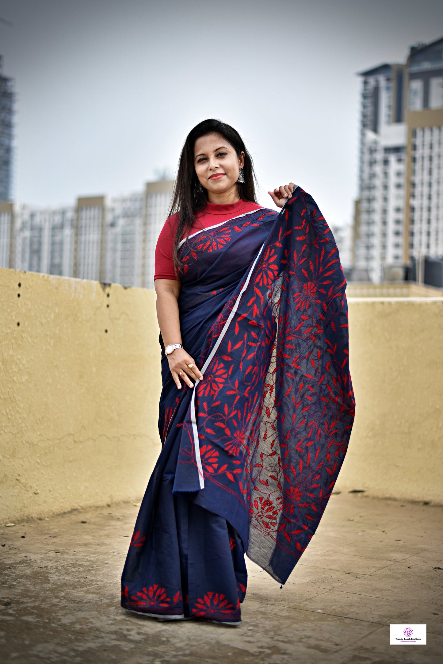 kantha handembroidered midnight blue red cotton silk saree for office styling and summer celebrations with blouse piece best summer fabric