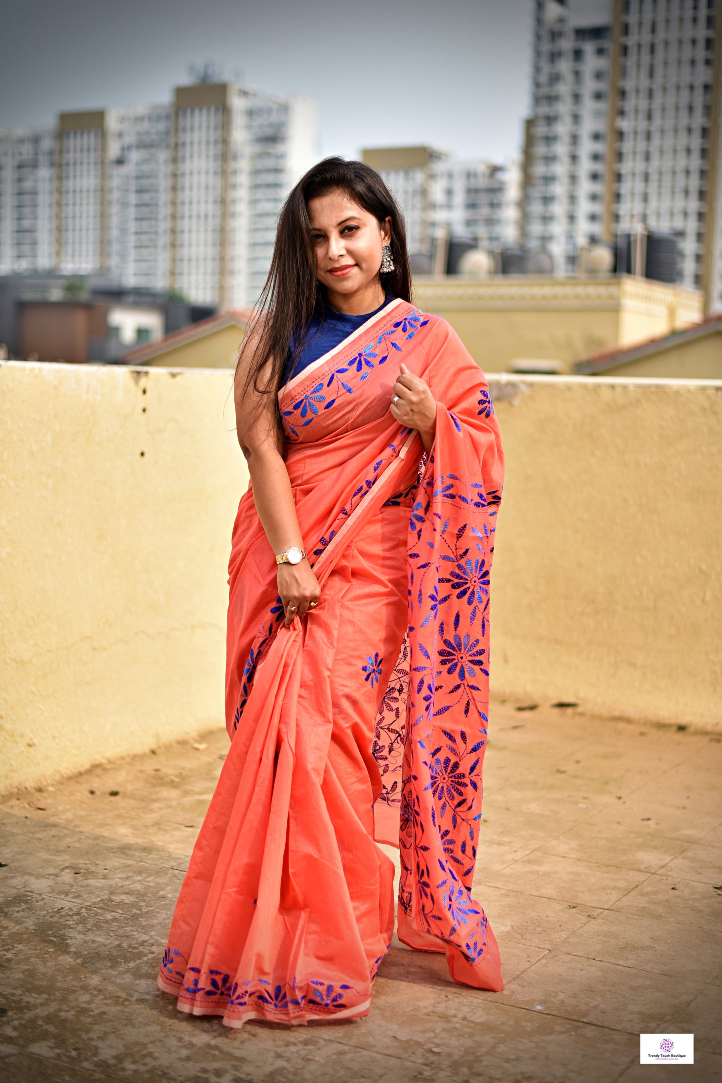 kantha handembroidered peach and blue cotton silk saree for office and summer celebration styling with blouse piece best price