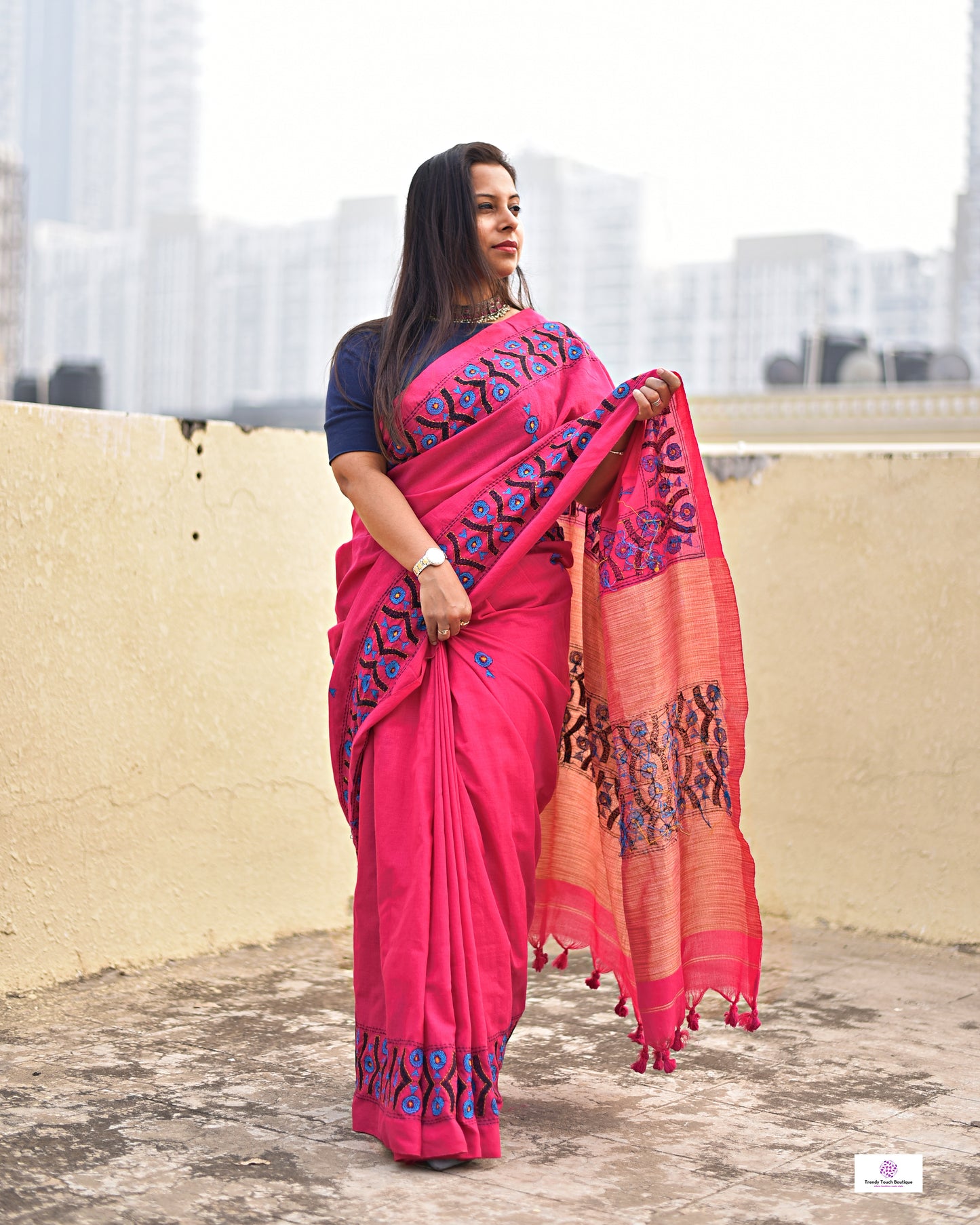 Kantha handembroidered designer cotton handloom saree pink with blue black thread office wear and casual outing special events with blouse piece best price