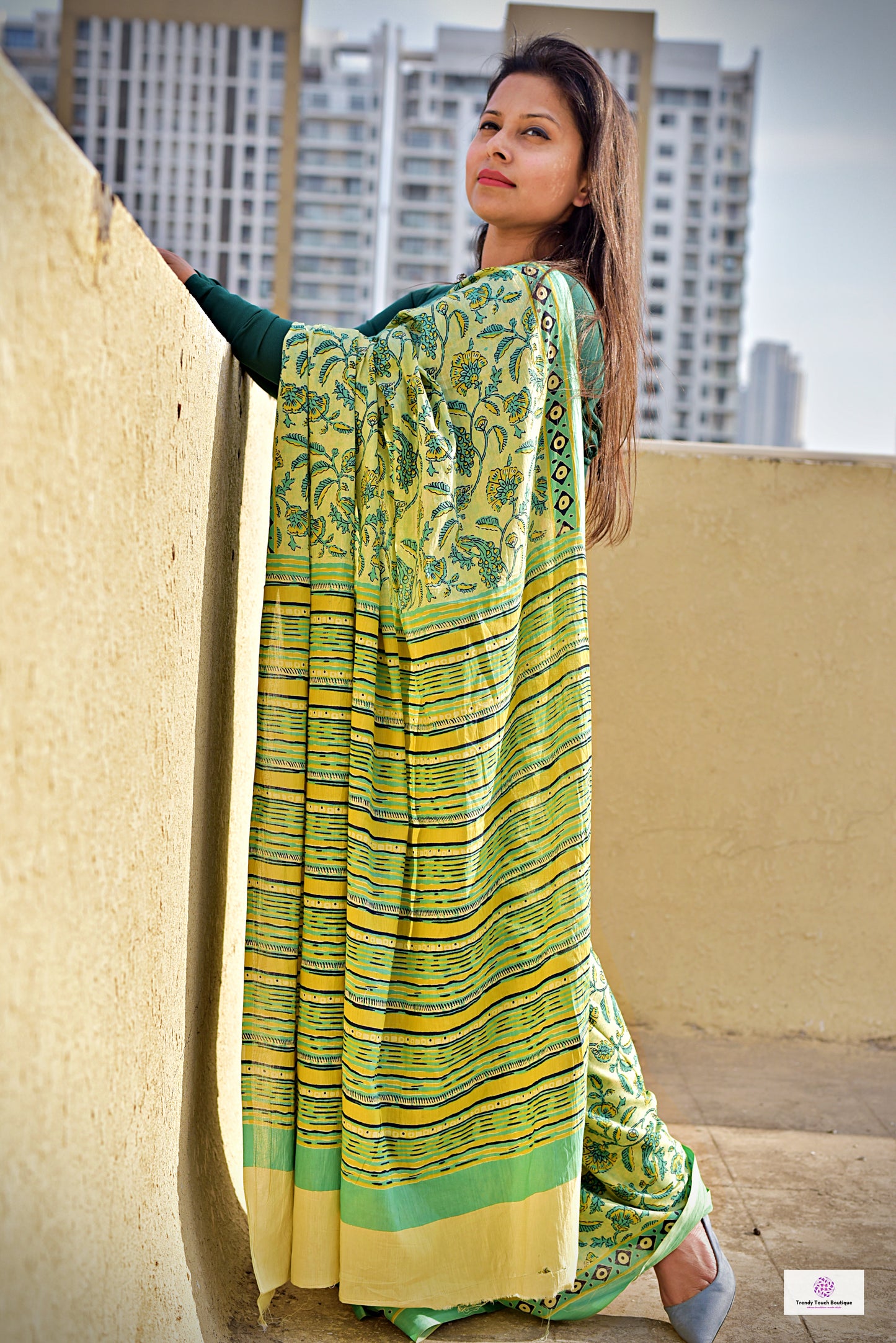 Green organic handblock print mul cotton saree ajrakh vanaspati natural dye floral print best summer fabric office and daily wear saree 