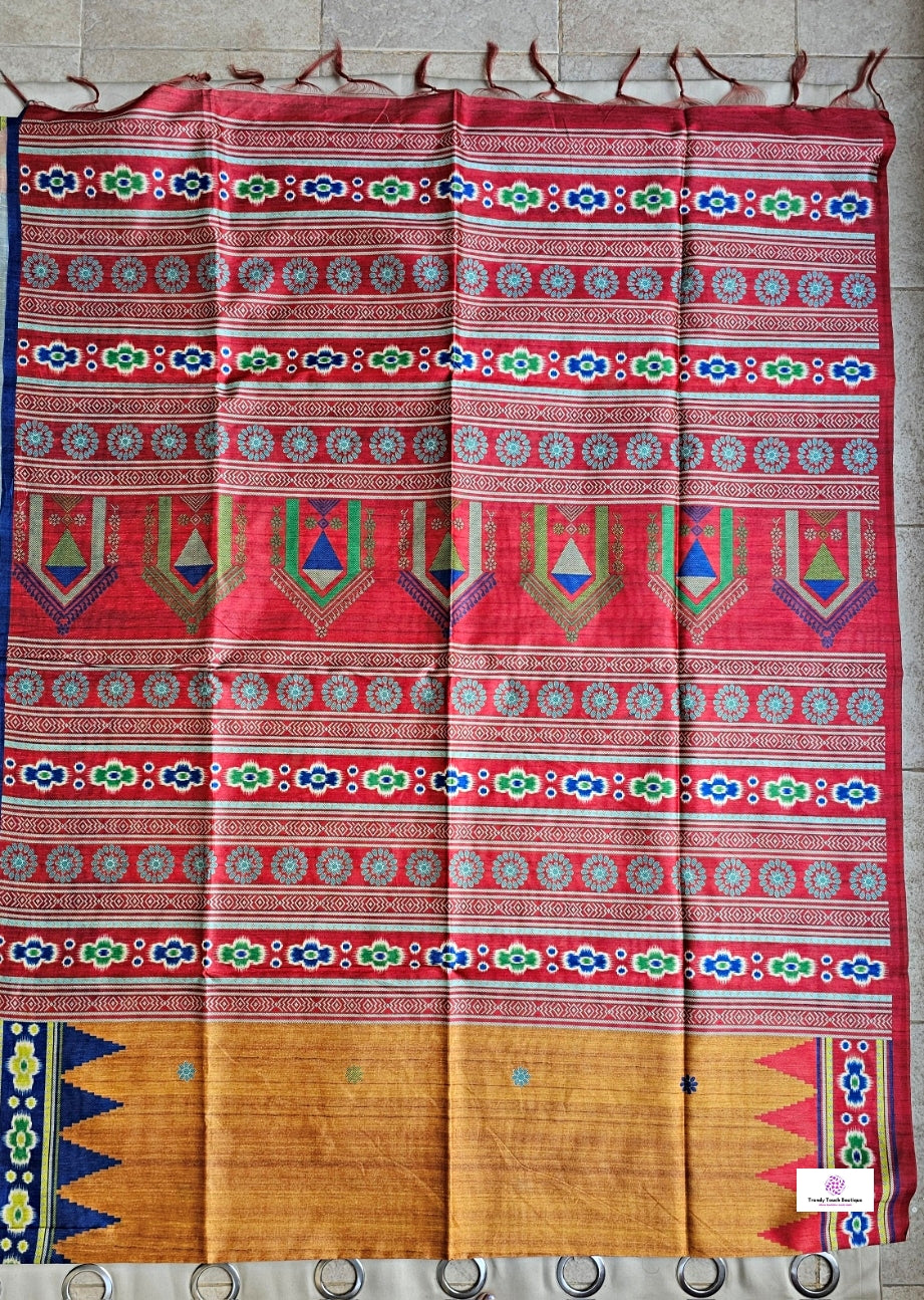 Yellow red blue semi tussar silks saree in ikkat digital print saree for regular wear and casual function office for women with blouse piece and best price