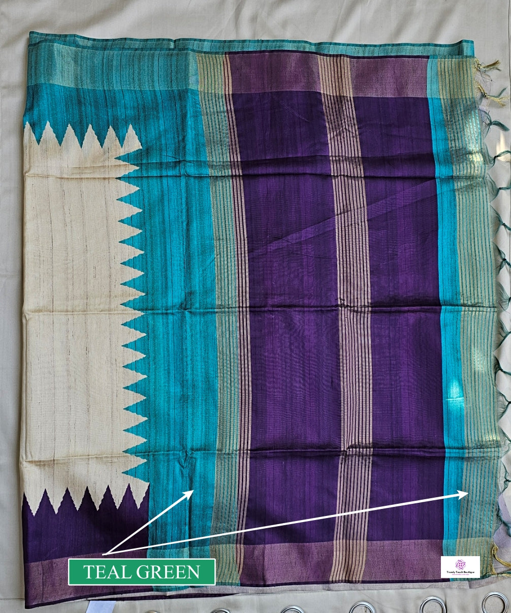 TRINA - GANGA-JAMUNA BORDER - SEMI GHICHA SILK (TEAL GREEN & PURPLE)