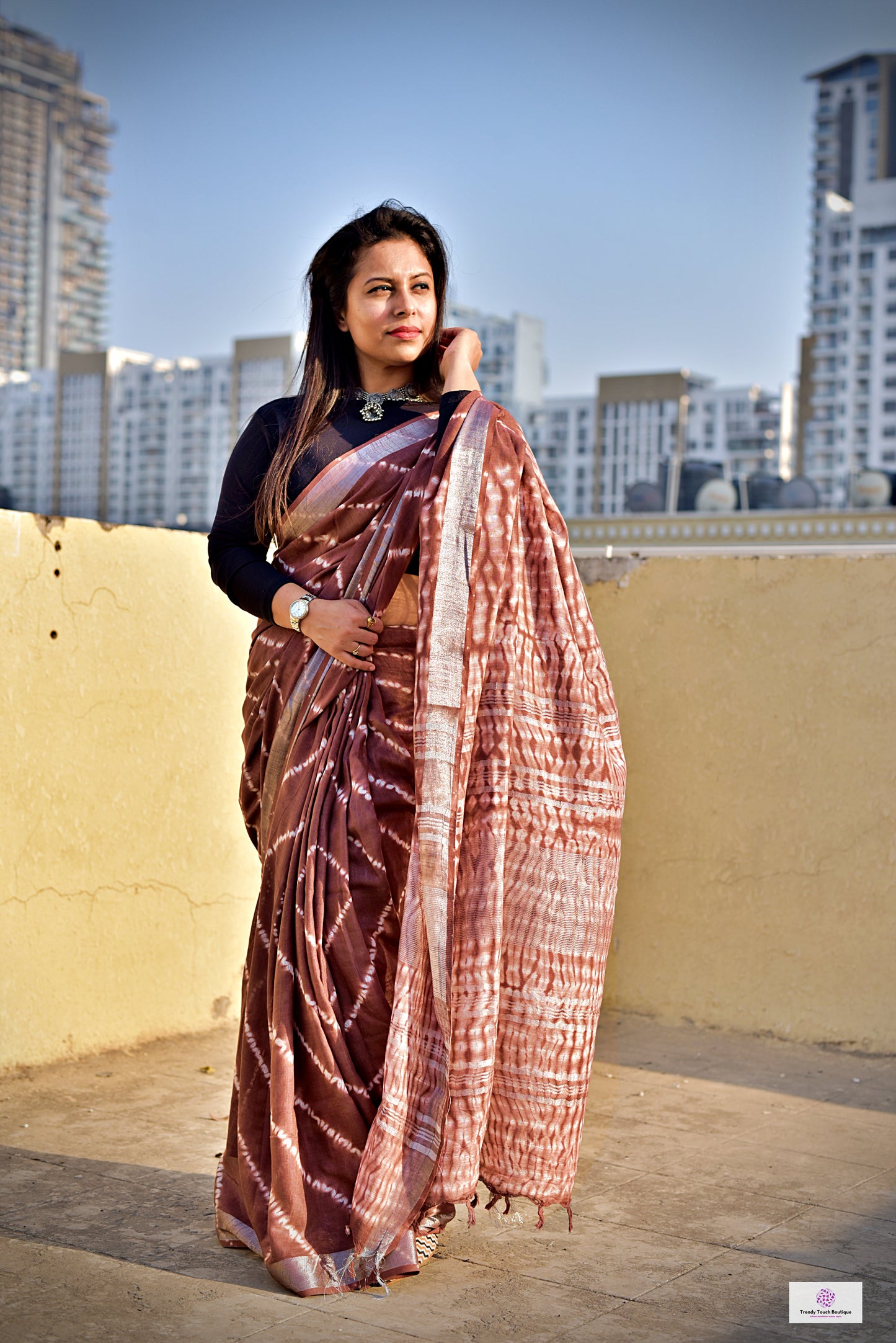 Chocolate Brown Organic Linen Saree Handblock print in natural dye green soft best summer saree for office and casual outing best price with blouse piece