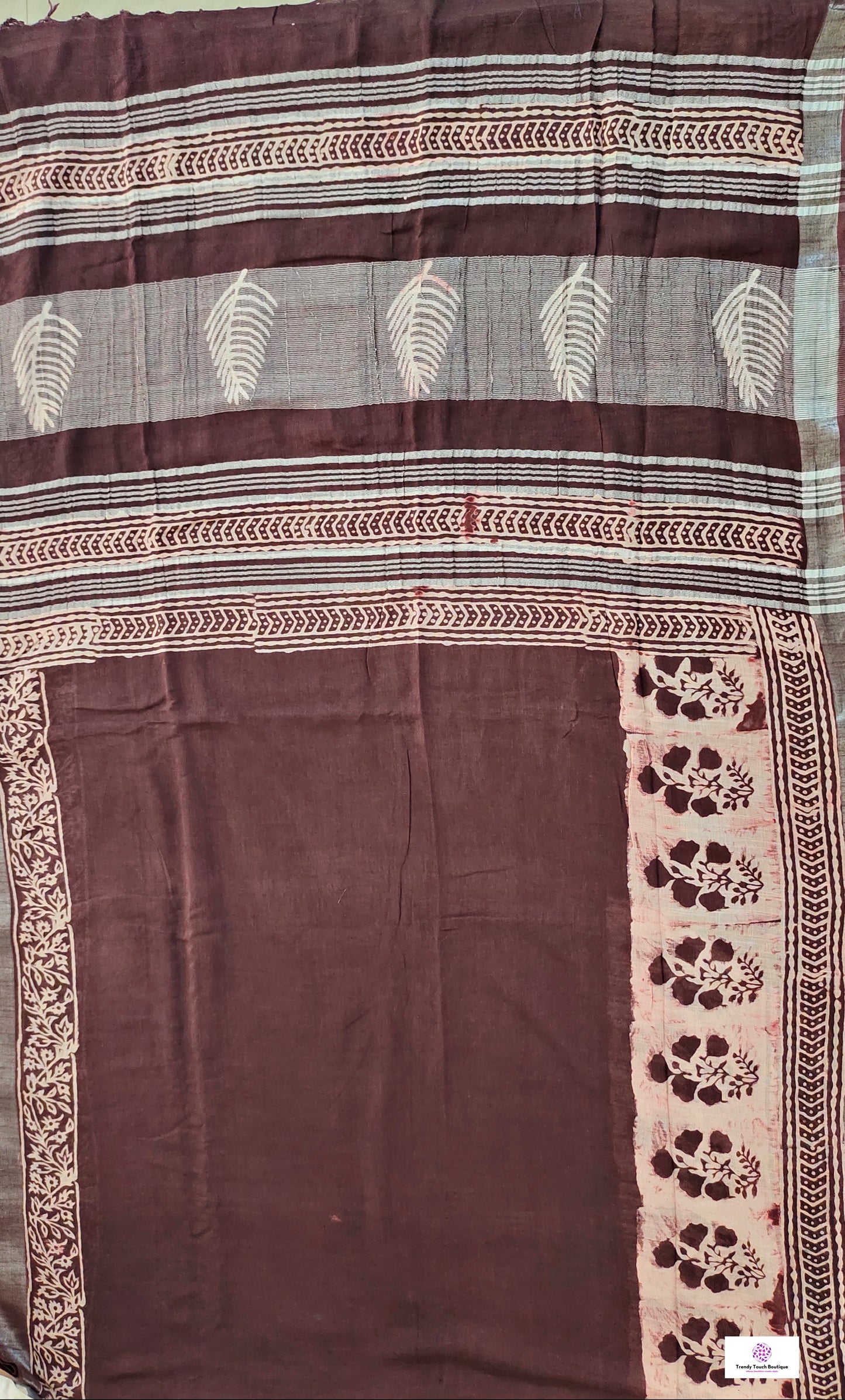  best summer handwoven handloom fabric handblock print organic slub linen saree brown color floral pattern at best price online with blouse piece for office wear or everyday styling!